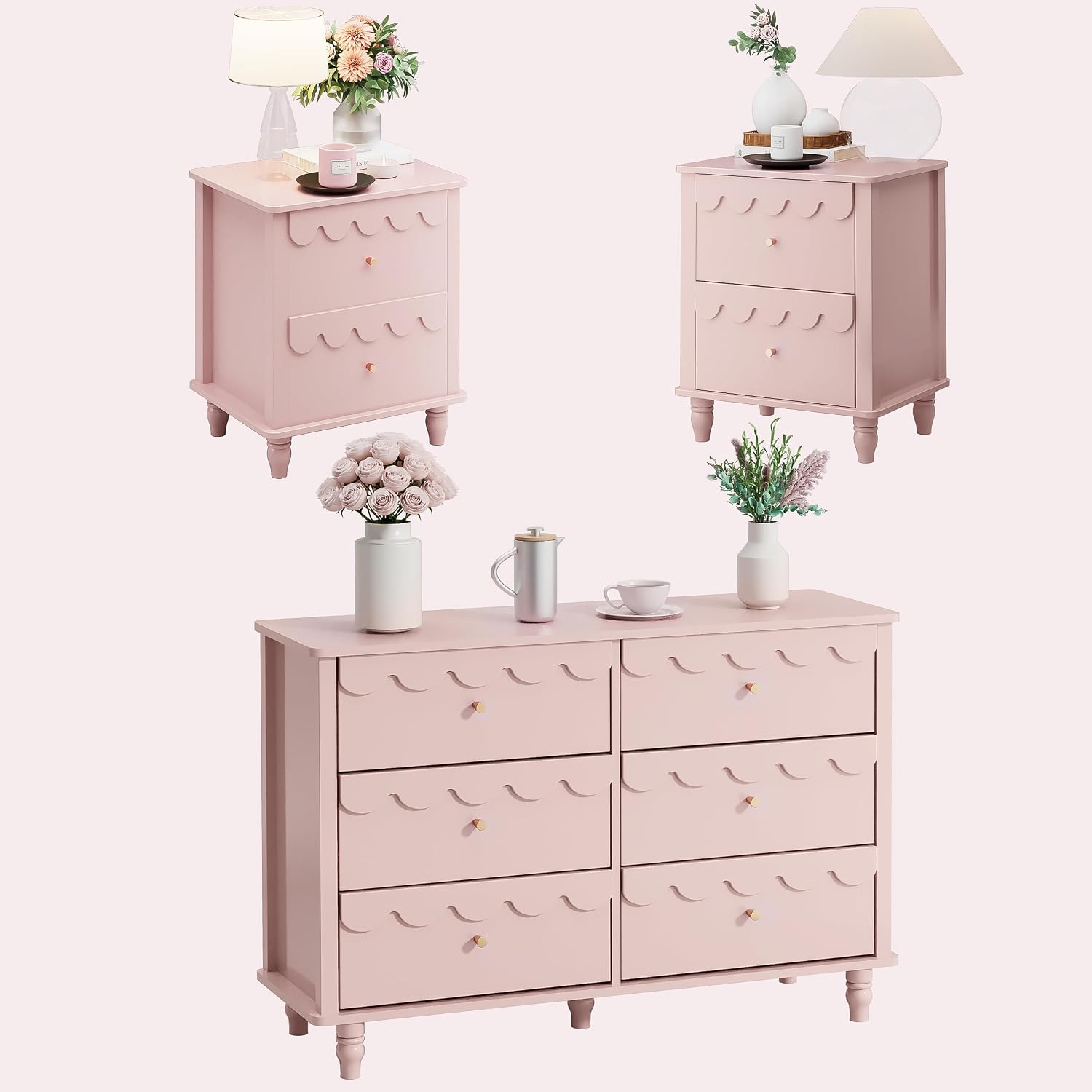 Anbuy Bedroom Sets Scalloped 6 Drawer Dresser and Night Stand Sets for Bedroom, Two Drawers Nightstand Set of 2 & 6 Drawer Dresser Combo 3 Pieces (Pink)