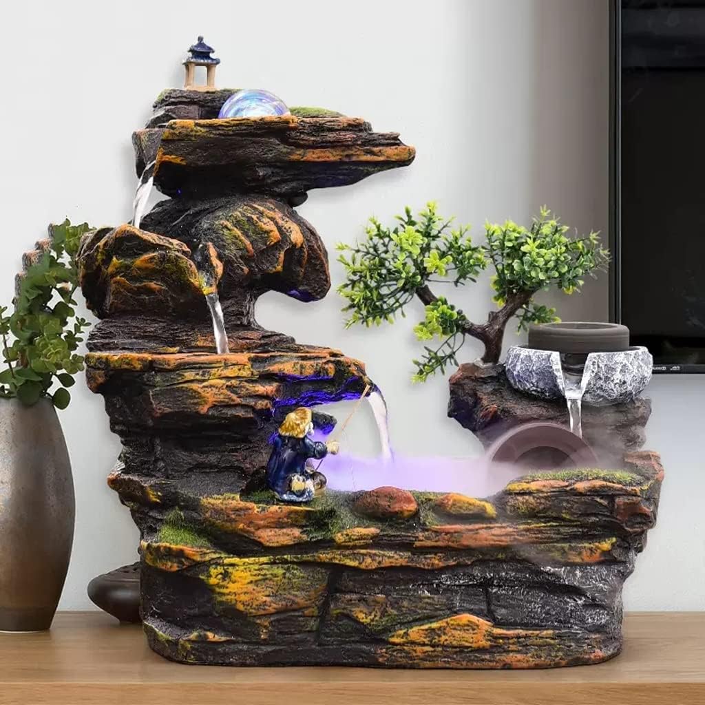 HIHELO Desktop Fountain Tabletop Fountain Resin Rockery Water Desktop Fountain Living Room Decorative Waterscape Ornament Water Fountain Outdoor (Color : Without Nebulizer)