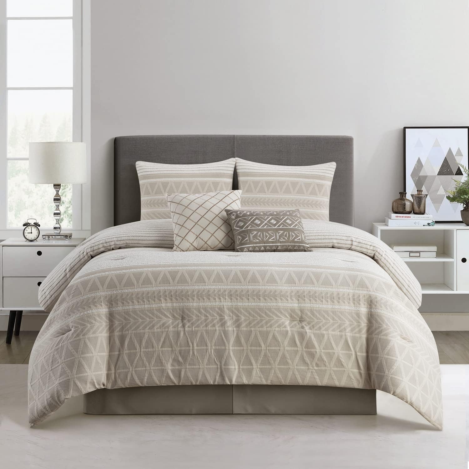Grand Avenue Cotton Queen Size Comforter Set, 6 Piece, Beige Geometric Jacquard Bedding Set, Bedskirt, Pillows & Shams, Home Decor