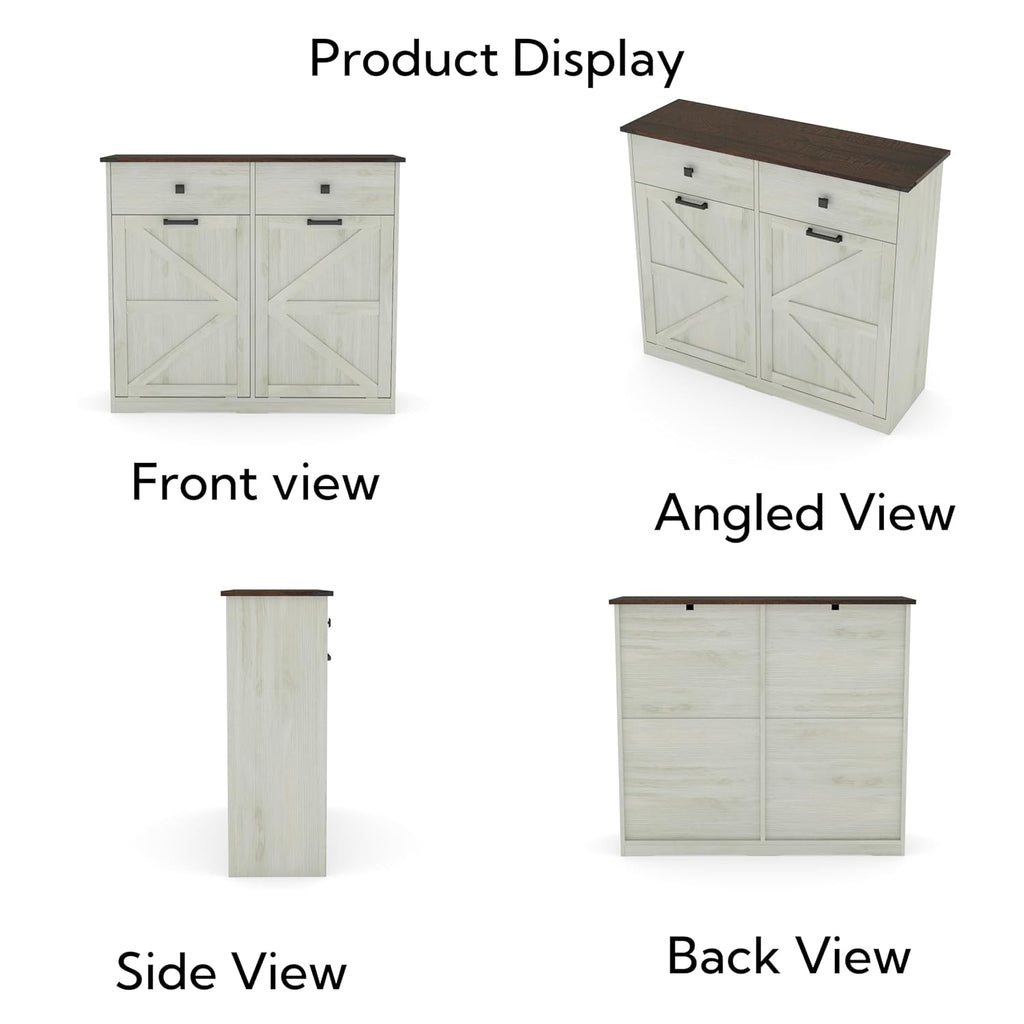 Farmhouse Double Tilt-Out Trash Cans for 2×10 Gallon Bins, Barn Door Style Recycling Cans w/ Hideaway Drawer, Free-Standing Kitchen Garbage Bin Holder, Laundry Sorter Cabinet w/ Tilt-Out Design.