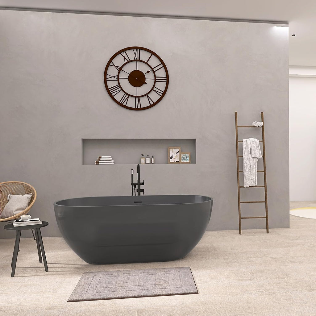 59'' Dark Grey Freestanding Tubs Bathtub Solid Surface Resin Stone Bathtubs soaker Tubs Oval Shaped Matte Luxury Modern Soaking Tub with Overflow and Pop-up Drain