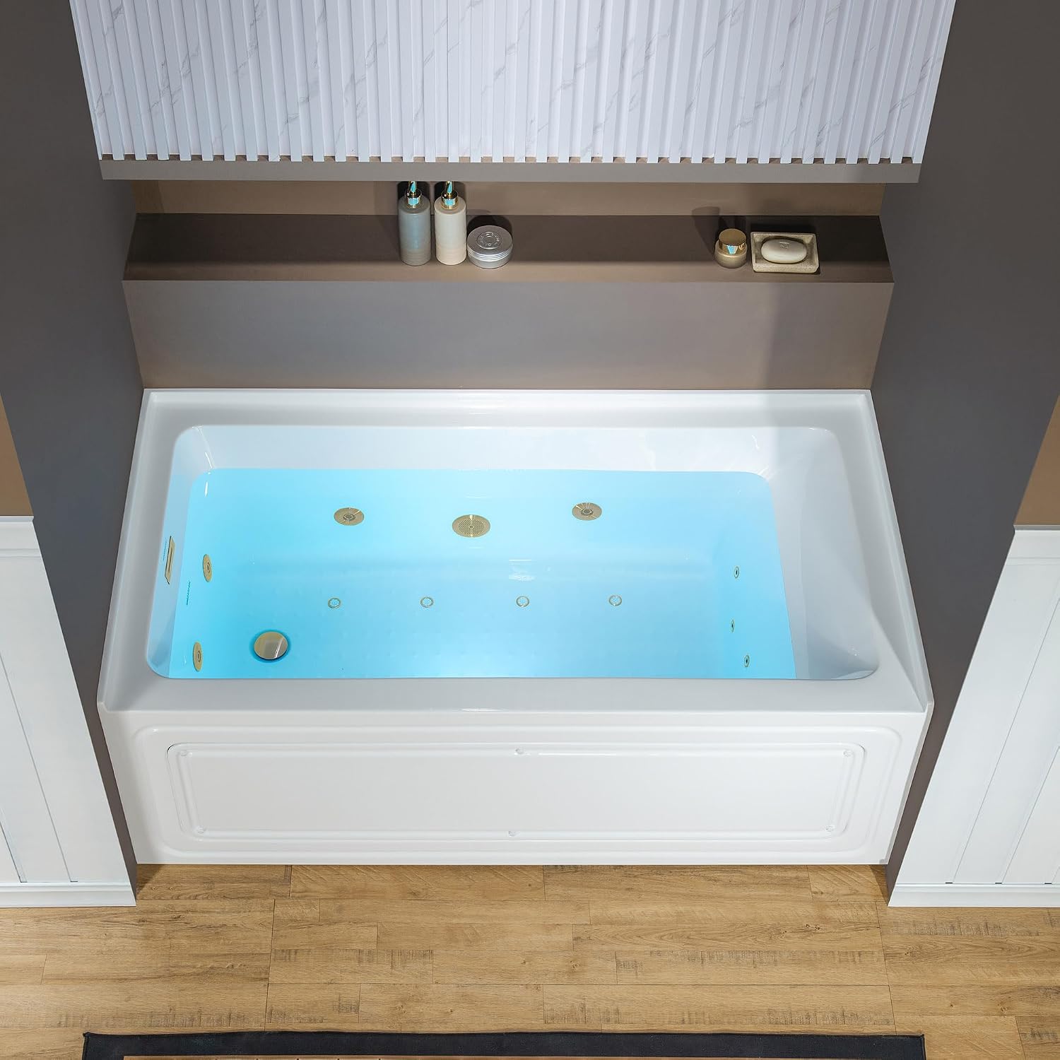 WOODBRIDGE 60' x 32' Alcove Acrylic Rectangular Whirlpool and Air Heated Tub in White with Left Drain, Brushed Gold Finish Trim and Drain Kit Included, DF606-L-BG03