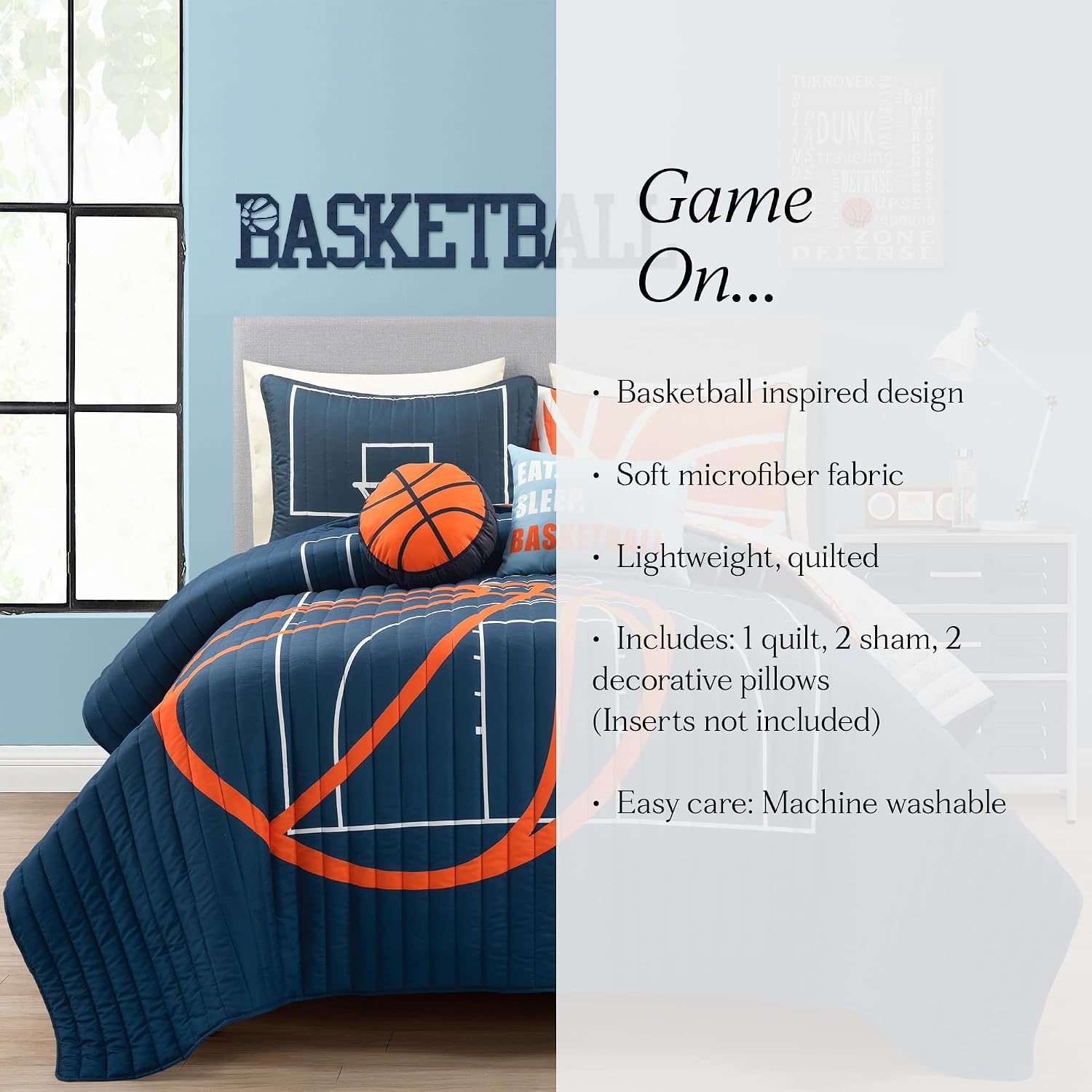 Lush Decor Basketball Game Reversible Quilt Queen Size 5 Piece Set, Full/Queen Navy - Kids Bedding Set - Queen Size Quilt - Sports Décor