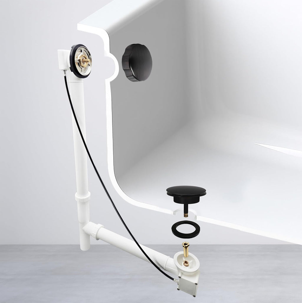 Westbrass A50P27TLE-12A 27' Cable Drive Bath Drain Trim Kit with Rotary Overflow Cover Knob, European Stopper and Poly Tubular Pipes, Antique Bronze