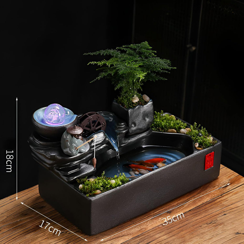 Zen Tabletop Fountain with LED Lights & Mist Maker - Indoor Waterfall Decor with Crystal Stones for Home, Office, Meditation Room - Relaxing Desktop Humidifier Gift (C Style)(C Style+Misting)