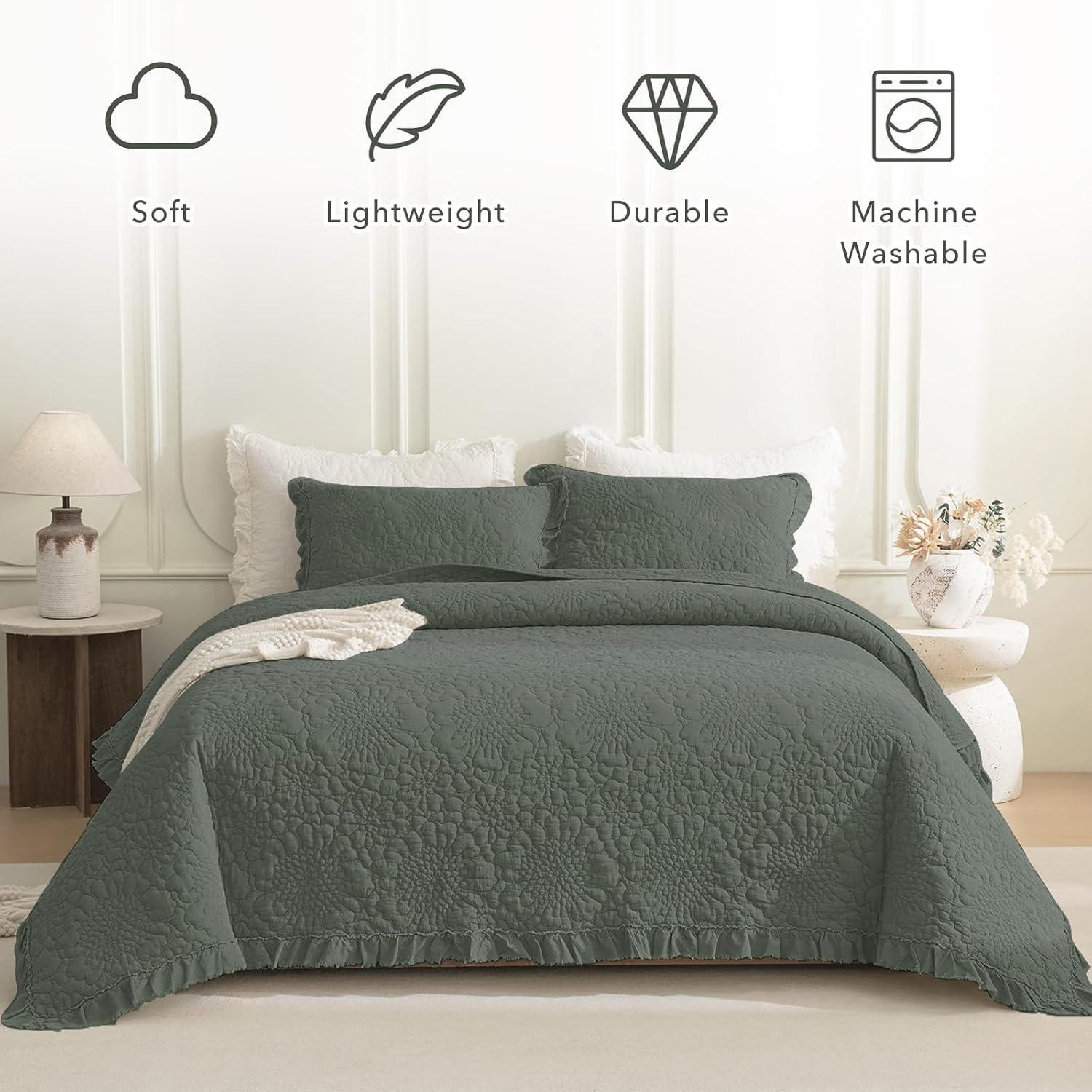 QSH Dark Green Oversized King Quilt Bedspread Set(128'x120'),3PCs Stonewashed Cotton Farmhouse Ruffled Bedspread California King,Shabby Soft Lightweight Crinkled Quilt Coverlet Bed with Pillow Shams