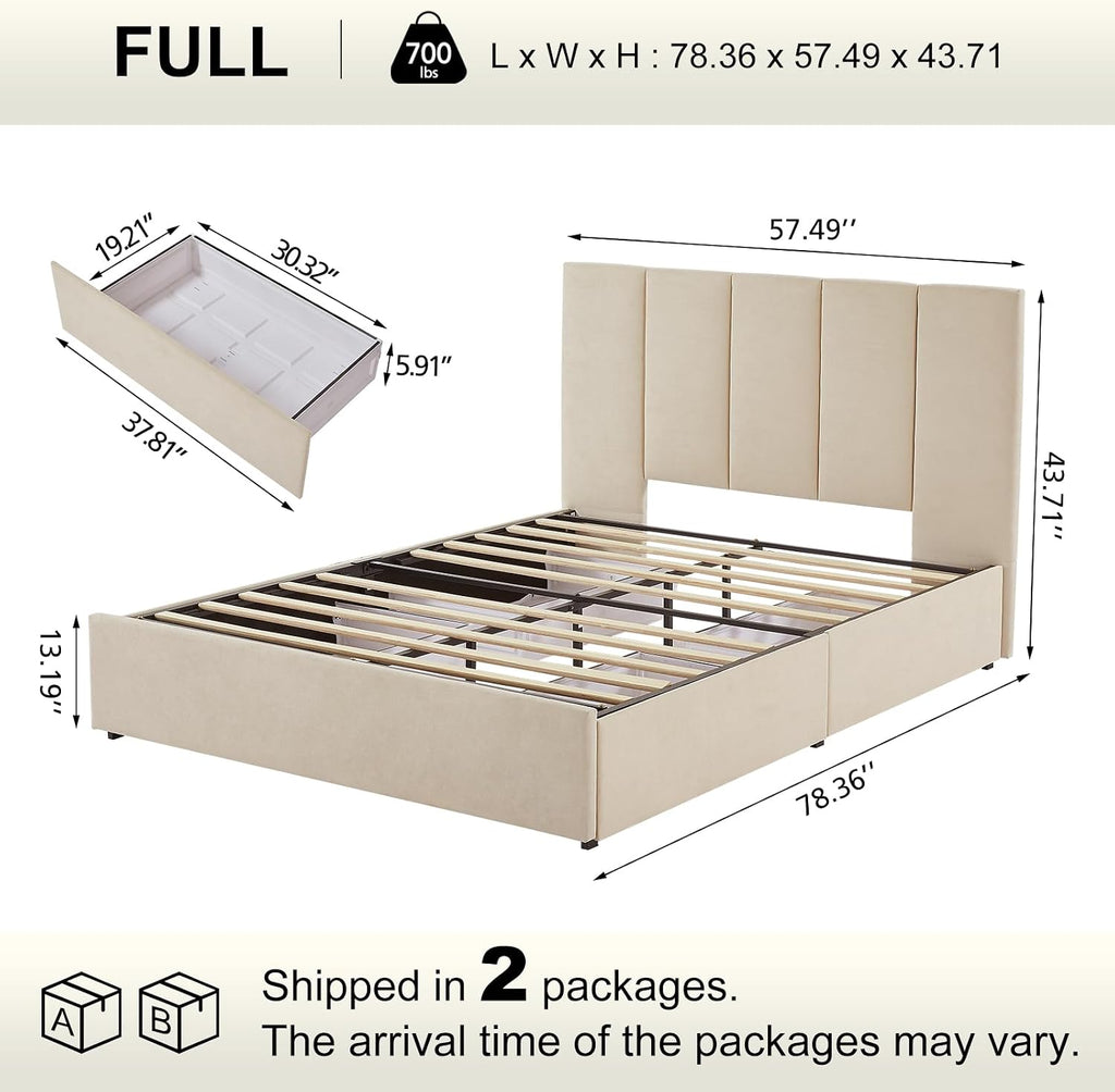 VELOCAVA Full Size Upholstered Bed with 4 Storage Drawers, Modern Linen Platform Bed Frame with Vertical Channel Headboard, Sturdy Wood Slats, Space-Saving Design, No Box Spring Needed, Beige