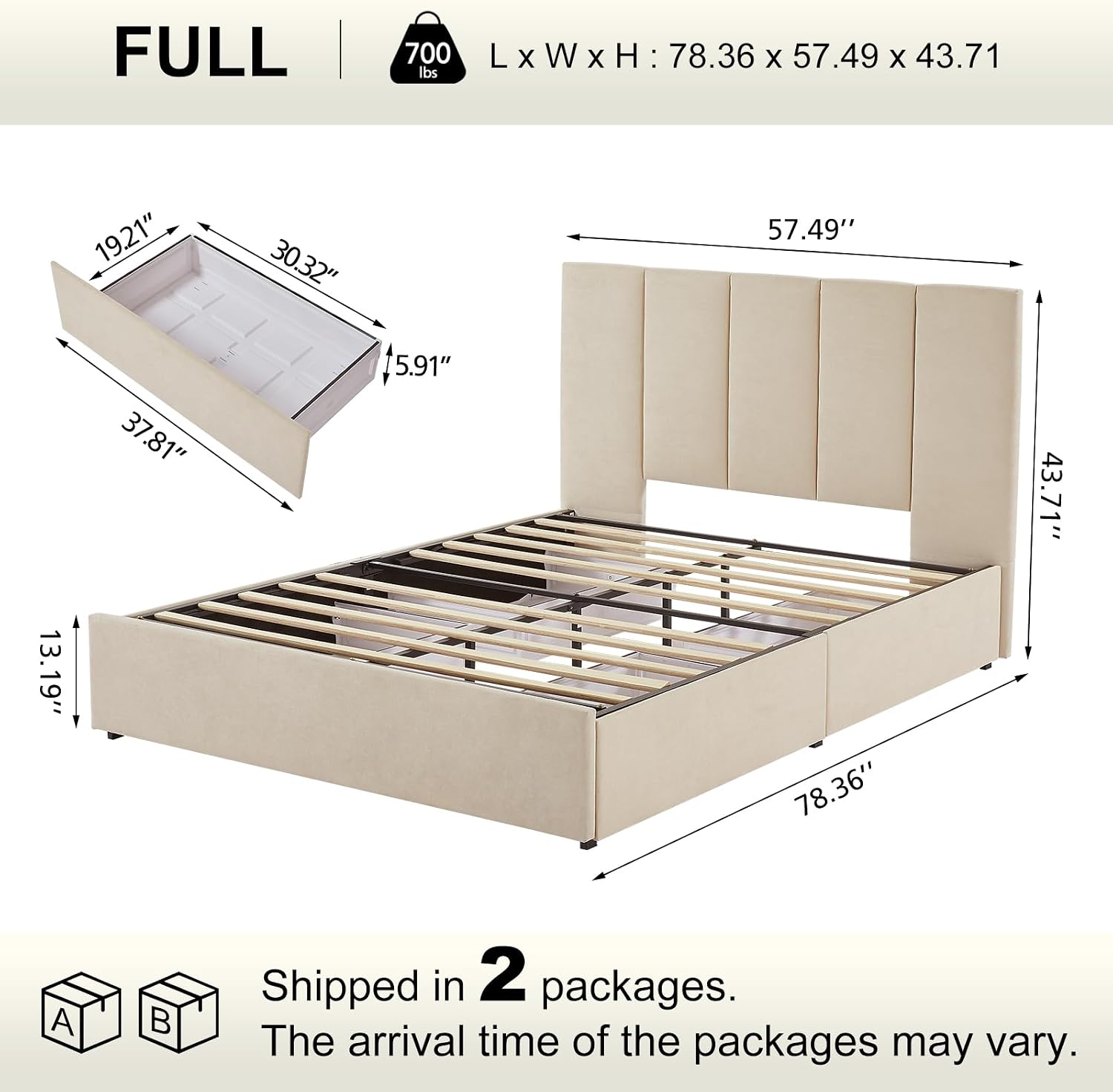 VELOCAVA Full Size Upholstered Bed with 4 Storage Drawers, Modern Linen Platform Bed Frame with Vertical Channel Headboard, Sturdy Wood Slats, Space-Saving Design, No Box Spring Needed, Beige