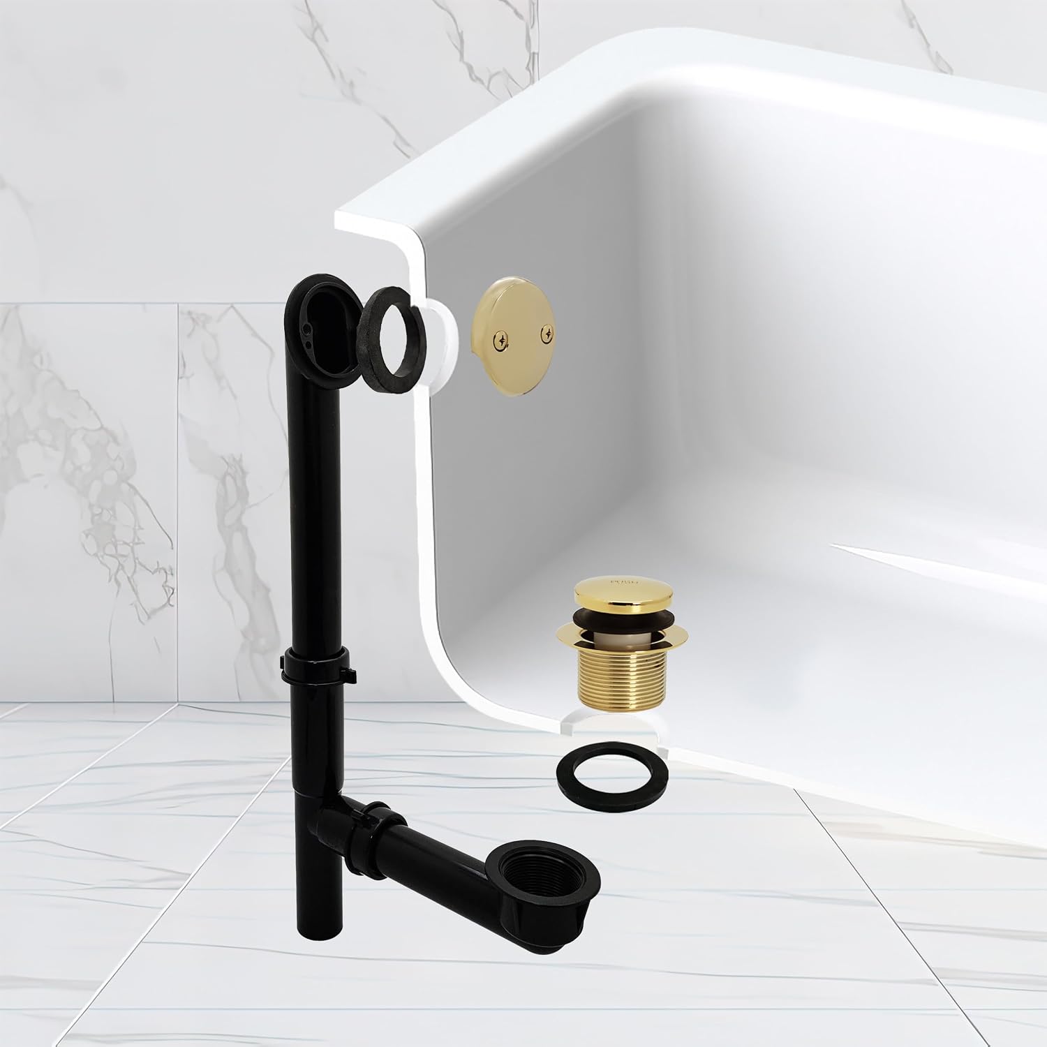 Westbrass 593144-12-01 14' Black Poly Tubular Bathtub Waste & Overflow Assembly with Tip-Toe Drain Plug and 2-Hole Faceplate, Polished Brass (12-Pack)