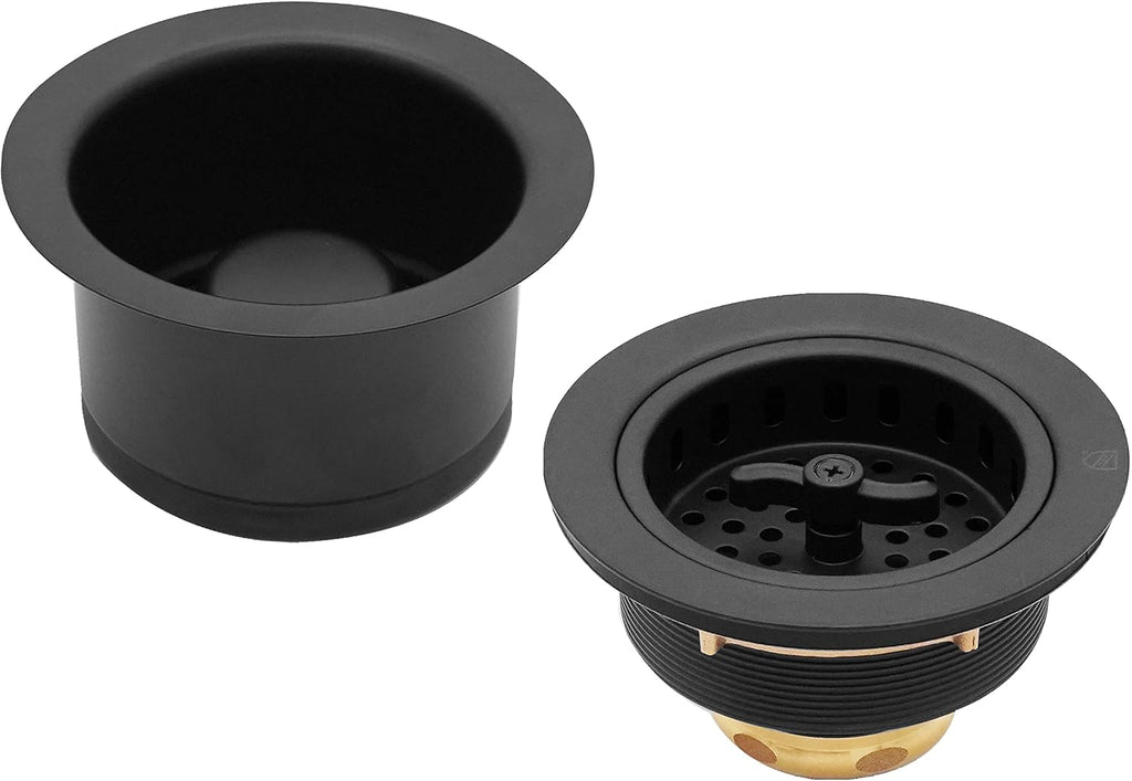 Westbrass CO2195-62 COMBO PACK 3-1/2' Wing Nut Twist Style Large Kitchen Sink Basket Strainer and Extra-Deep Collar Kitchen Sink Waste Disposal Flange with Stopper, Matte Black