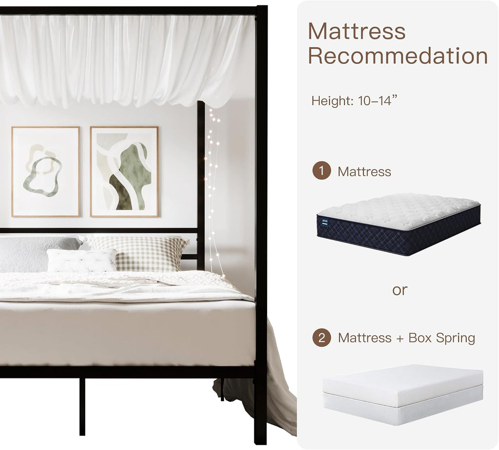 ikalido Queen Size Metal Canopy Bed Frame, Modern Four-Poster Platform Bed Frame, Mattress Foundation, Under-Bed Storage Space, No Box Spring Needed, Black