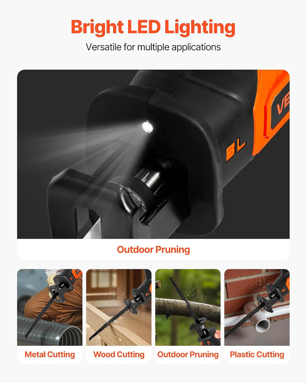 VEVOR Cordless Reciprocating Saw, 20V Brushless Reciprocating Saw with Battery, 3000 SPM Variable Speed, 1' Stroke Length Charger, 8 Blades, and Carrying Bag, for Wood, Metal and Plastic Cutting