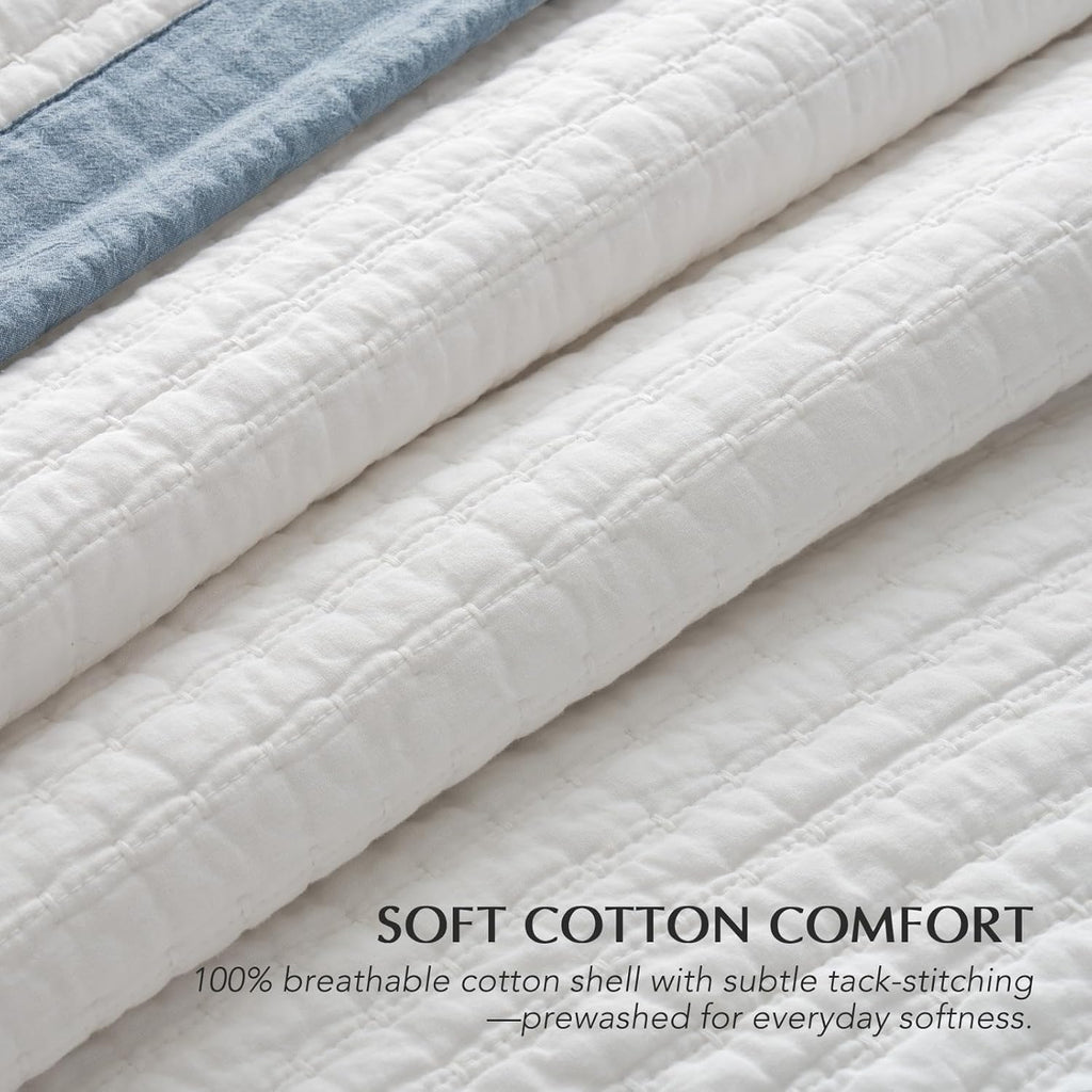 EVERGRACE Cotton Border Frame Tack-Stitch Quilt Bedding Set Queen Size, Coastal Oversized 3 Pieces Lightweight Bedspread Coverlet for All Season, with 2 Matching Shams, Blue Linen