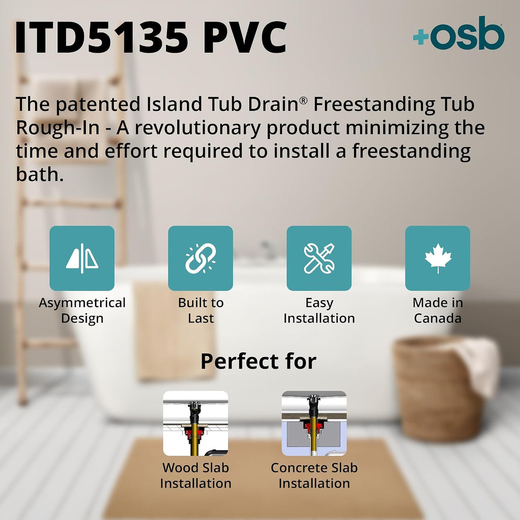 OS&B ITD5135 - Two Piece PVC Pipe Freestanding Tub Drain Kit & Rough-In - Easy Installation, Asymmetrical Deck Plate, Water, Air, & Smoke Testable - Designed for 8'/10' Joist Spaces & Tight Bathrooms