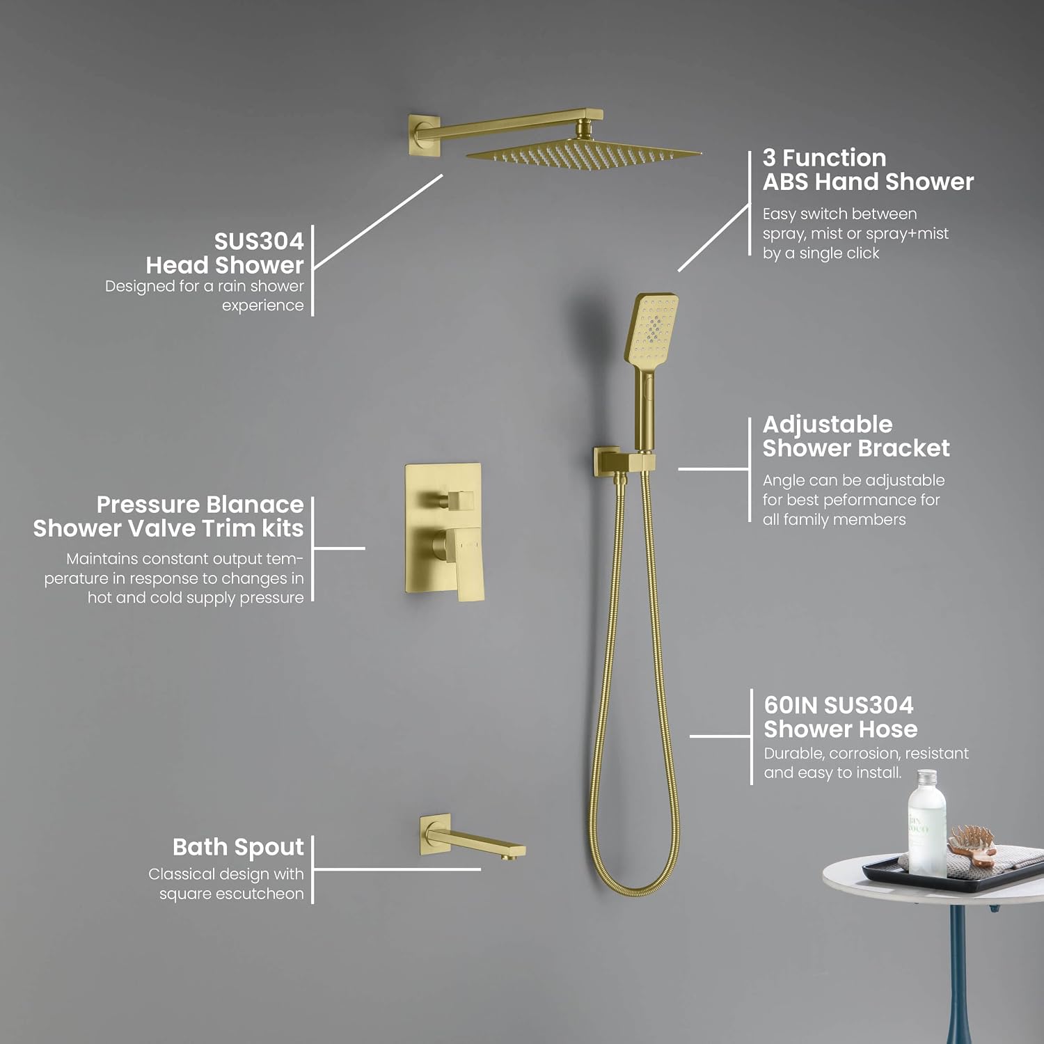 KIBI Cube 3-Function Brushed Gold Wall Mounted Bathroom Shower System | Solid Brass Pressure Balanced Valve Bath Faucet Set | 15-inch Shower Arm | Handheld Waterfall Shower Mode (KSF406BG)