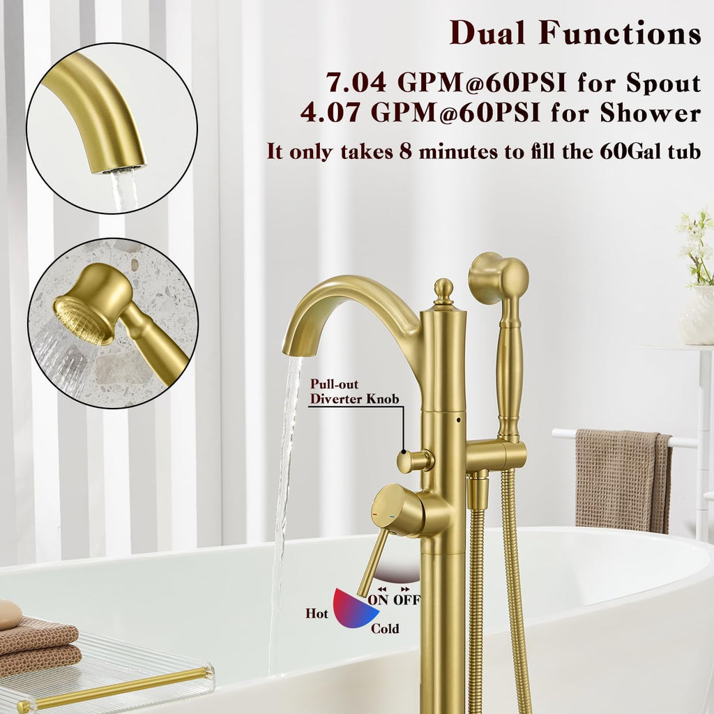 Free Standing Tub Faucet, High Flow Rate Brushed Light Gold Classic Freestanding Tub Faucets with Hand Shower Brass Floor Mount Tub Filler （WT-9002BGZZ）