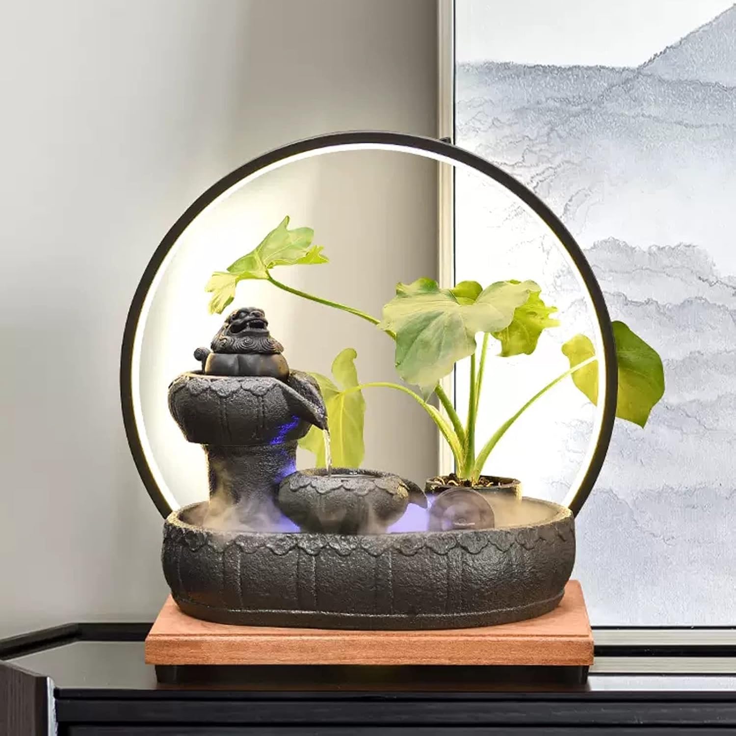 Indoor Fountain Ceramic Table Fountain with Wooden Base and LED Ring Light Ceramic Table Fountain for Indoor Home Decor, Table, Desk, Office, Patio Tabletop Fountain
