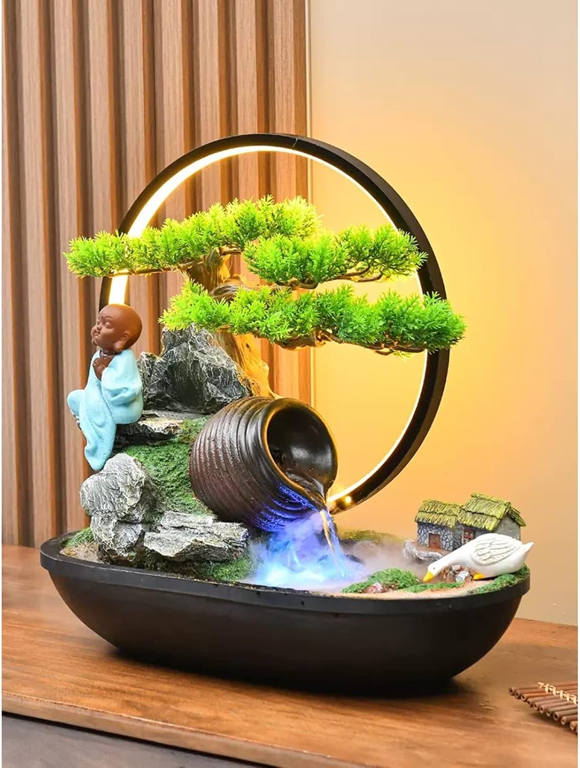 Tabletop Water Fountain Indoor Water Fountain, Artificial Bonsai and Buddah Statute Tabletop Fountain with LED Lights Zen Fountain for Home Office Bedroom Desk Decoration Office Relaxation Meditation