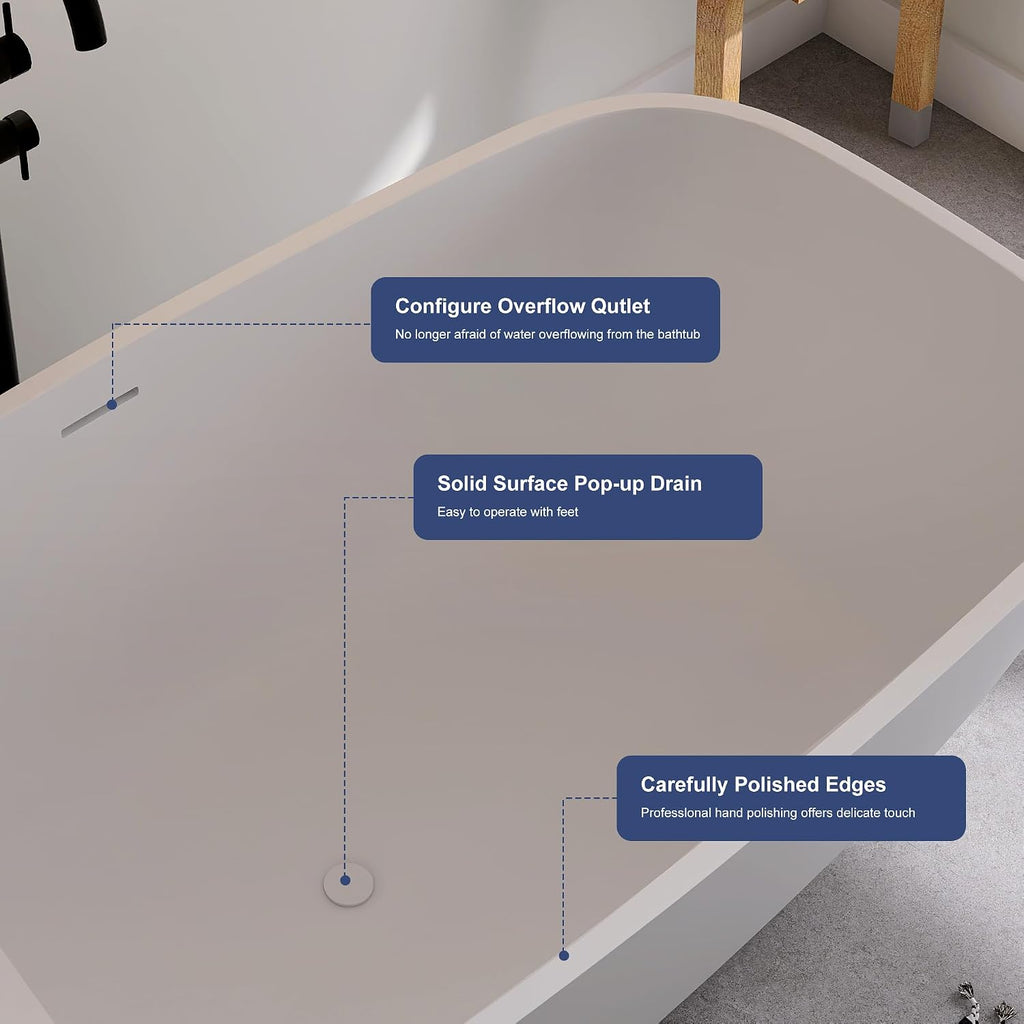 SJ STAR&JANE Solid Surface Freestanding Bathtub, 59' Stone Resin Oval Soaking Tub with Overflow & Pop-up Drain, Modern Stand Alone Tub in Matte White Finish for Bathrooms