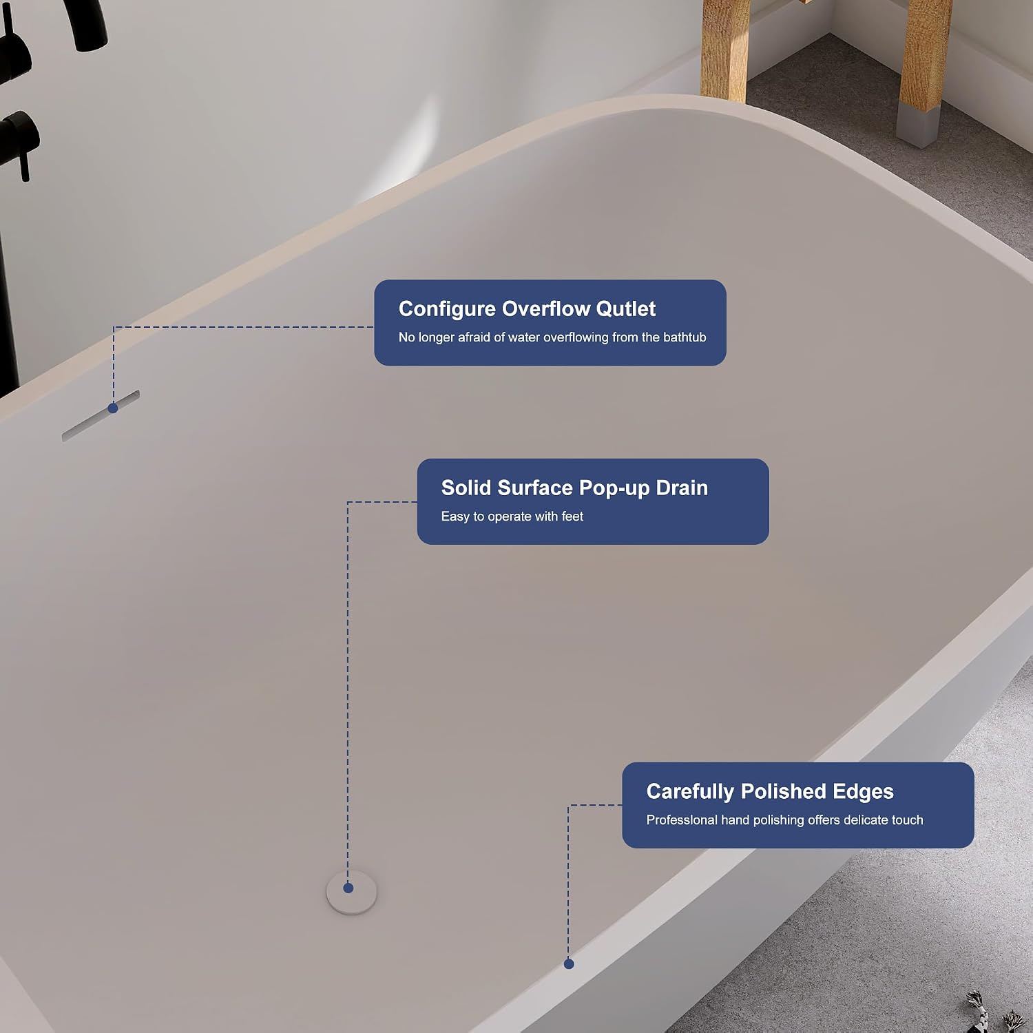 SJ STAR&JANE Solid Surface Freestanding Bathtub, 59' Stone Resin Oval Soaking Tub with Overflow & Pop-up Drain, Modern Stand Alone Tub in Matte White Finish for Bathrooms