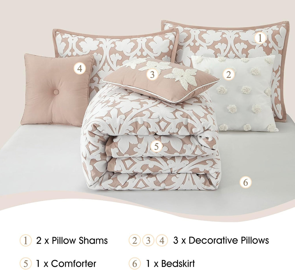 Stratford Park Floral Leaves Comforter Set, Blush California King Size Bedding, 7 Piece Jacquard Bedding Set, All Season, Matching Pillows, Shams, Bed Skirt