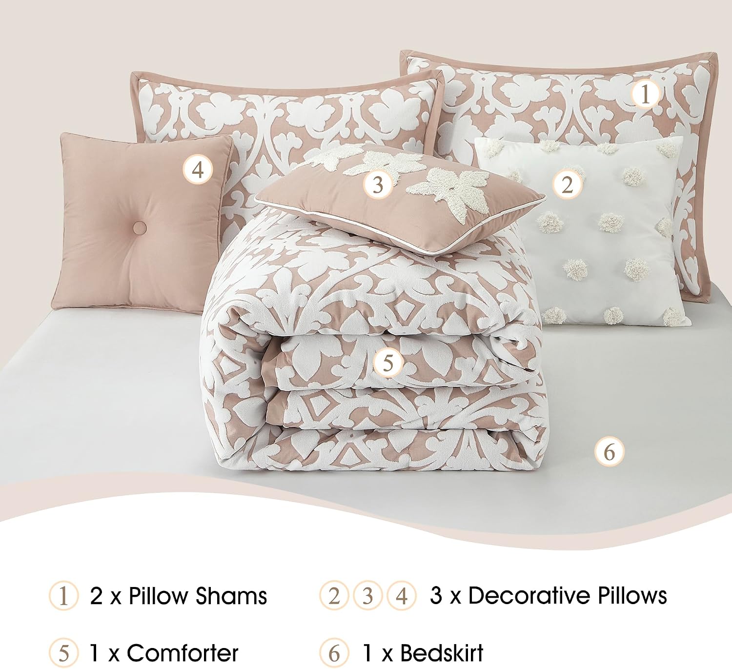 Stratford Park Floral Leaves Comforter Set, Blush California King Size Bedding, 7 Piece Jacquard Bedding Set, All Season, Matching Pillows, Shams, Bed Skirt