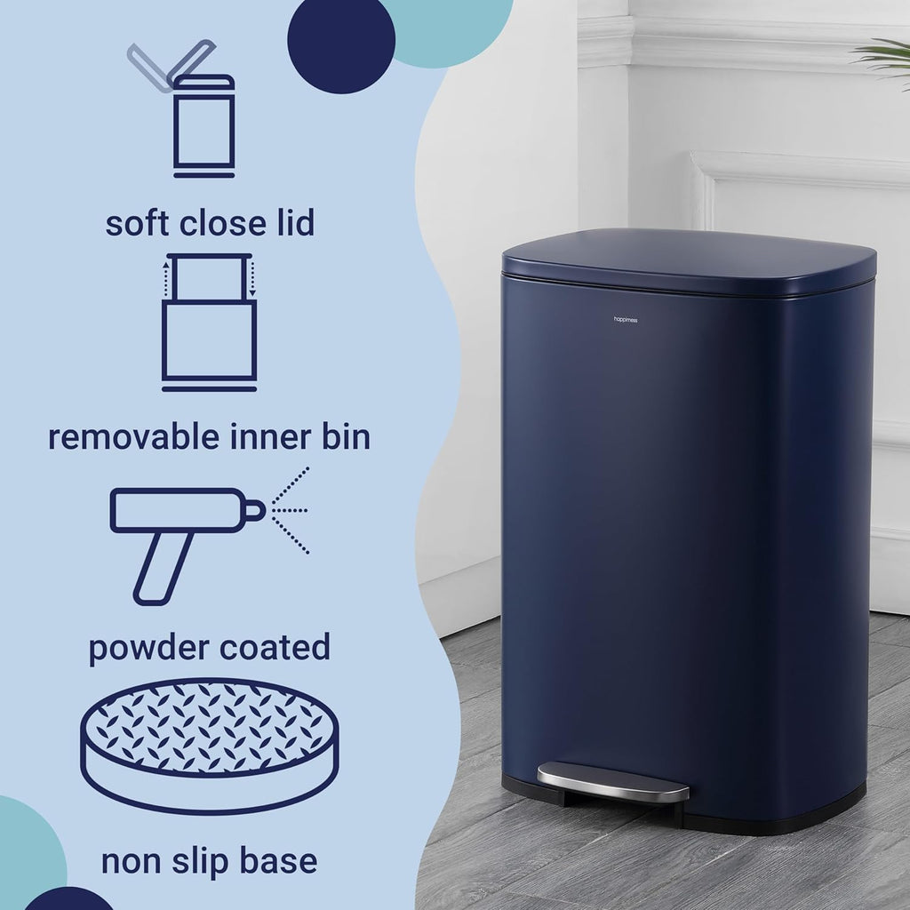 happimess HPM1006J Connor Rectangular 13-Gallon Trash Can with Soft-Close Lid and Free Mini Trash Can, Fingerprint Resistant, Modern, Minimalistic for Home, Kitchen, Office, Bathroom, Denim Blue