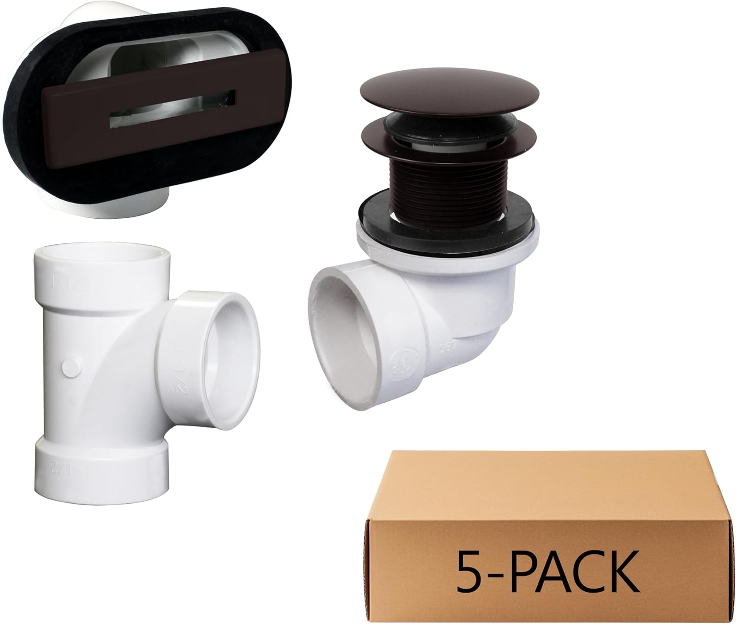 Westbrass D560RK-12 SCH. 40 PVC 1-1/2' Coarse Thread Plumber's Pack Tip-Toe Bathtub Drain Plug with Linear Overflow Faceplate, Tee & Elbows, Oil Rubbed Bronze (5-Pack)