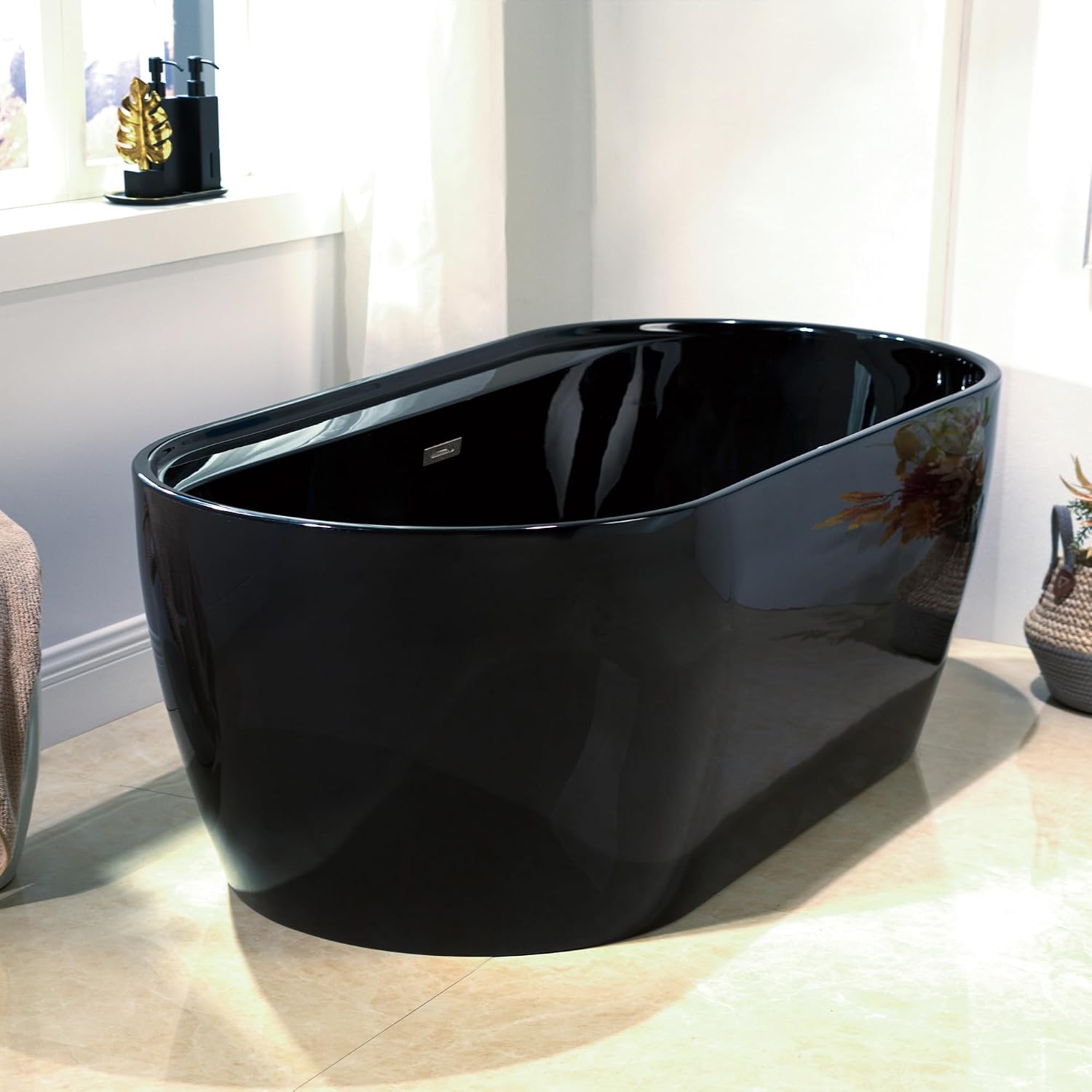 WOODBRIDGE 67' L x 31-1/2' W Freestanding Contemporary Acrylic Soaking Bathtub in Glossy Black Inside and Outside with Brushed Nickel Drain & Overflow,B8863-BN