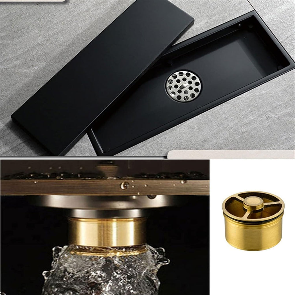 Linear Shower Drain with Hair Strainer, Brass Invisible Rectangle Shower Floor Drain with Removable Cover, Floor Drainer for Kitchen Washroom Garage and Basement (Gold 30X8Cm(11.8X3.1Inch))
