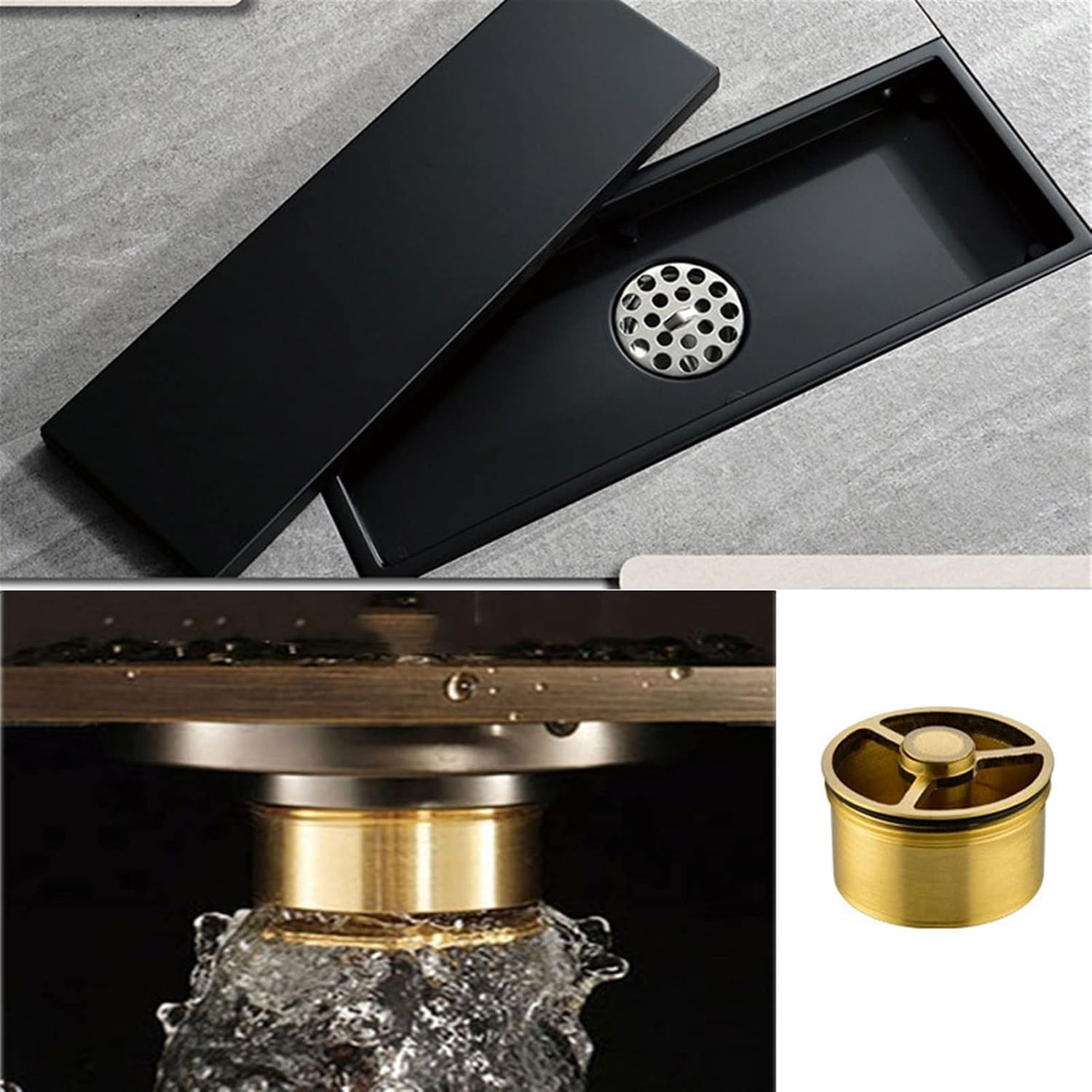 Linear Shower Drain with Hair Strainer, Brass Invisible Rectangle Shower Floor Drain with Removable Cover, Floor Drainer for Kitchen Washroom Garage and Basement (Gold 30X8Cm(11.8X3.1Inch))