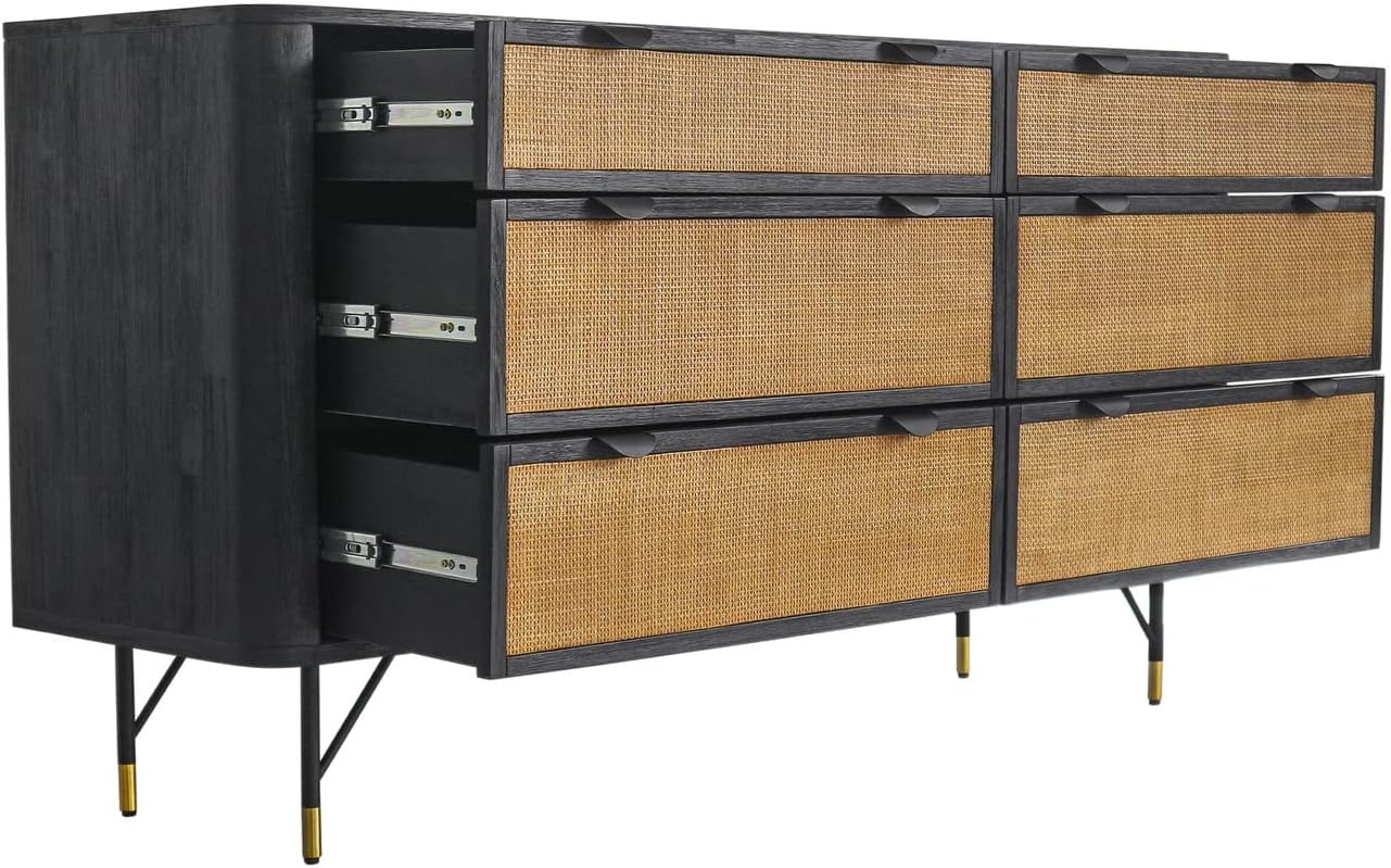 Armen Living Saratoga 4 Piece Queen Bedroom Set in Black Acacia Wood and Rattan