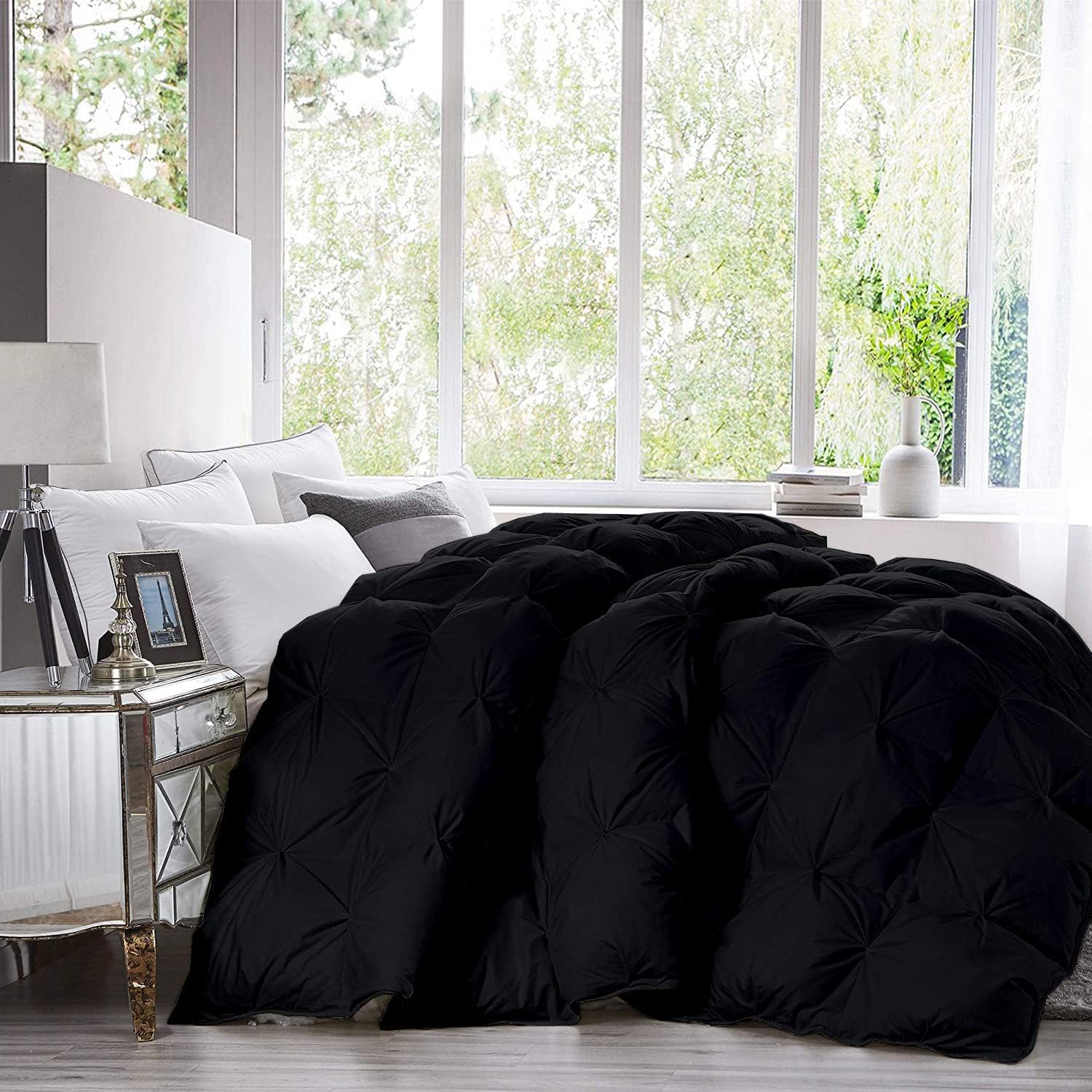 Pinch Pleated Black 5 Piece Soft 500 GSM California Queen Size Comforter Set (Comforter + 4 Pillowcases) 1000 Series Egyptian Cotton Comforter Set