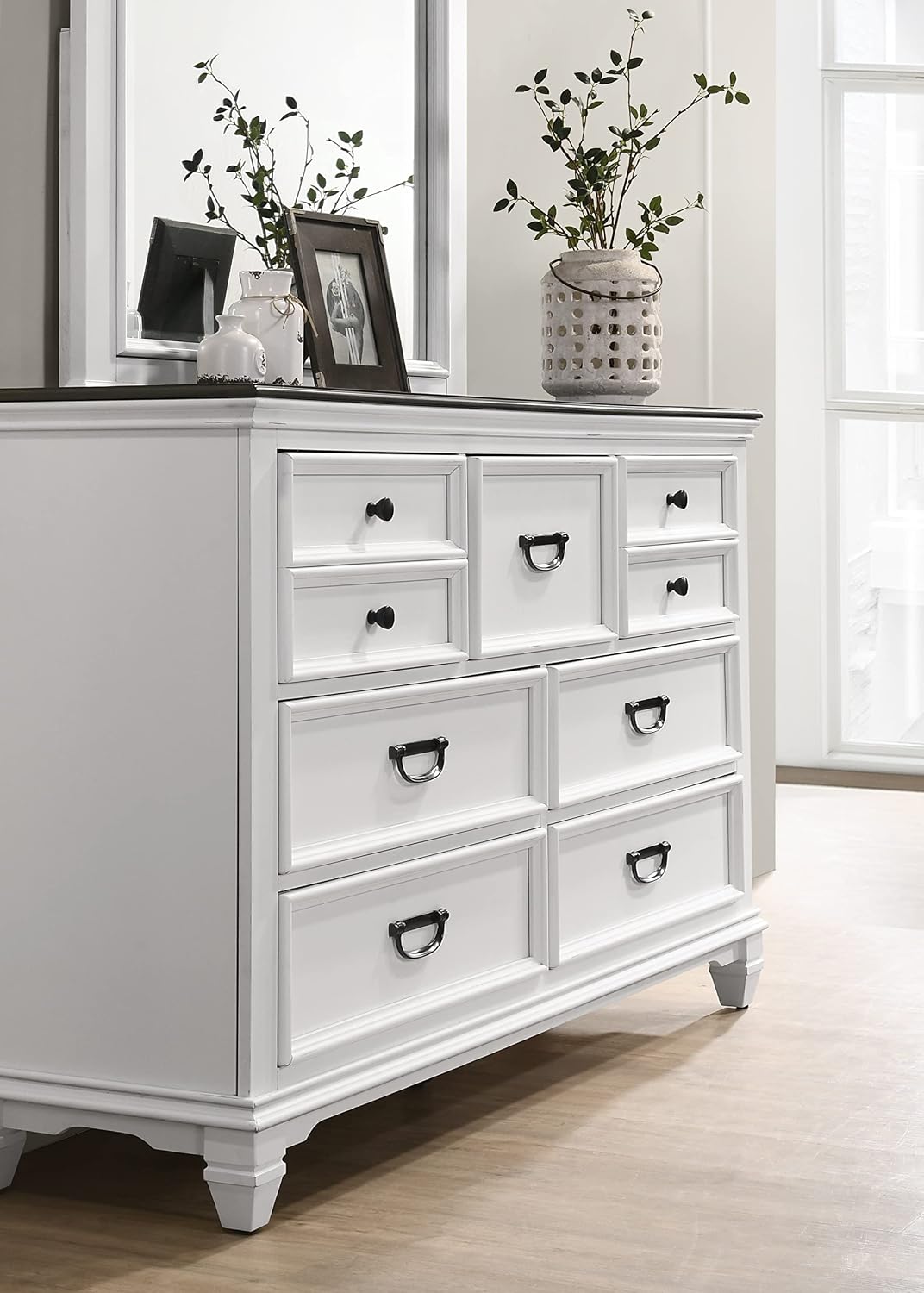 Clelane Wood Bedroom Set with Shiplap Panel Queen Bed, Dresser, Mirror, and Two Nightstands in Weathered White and Dark Gray