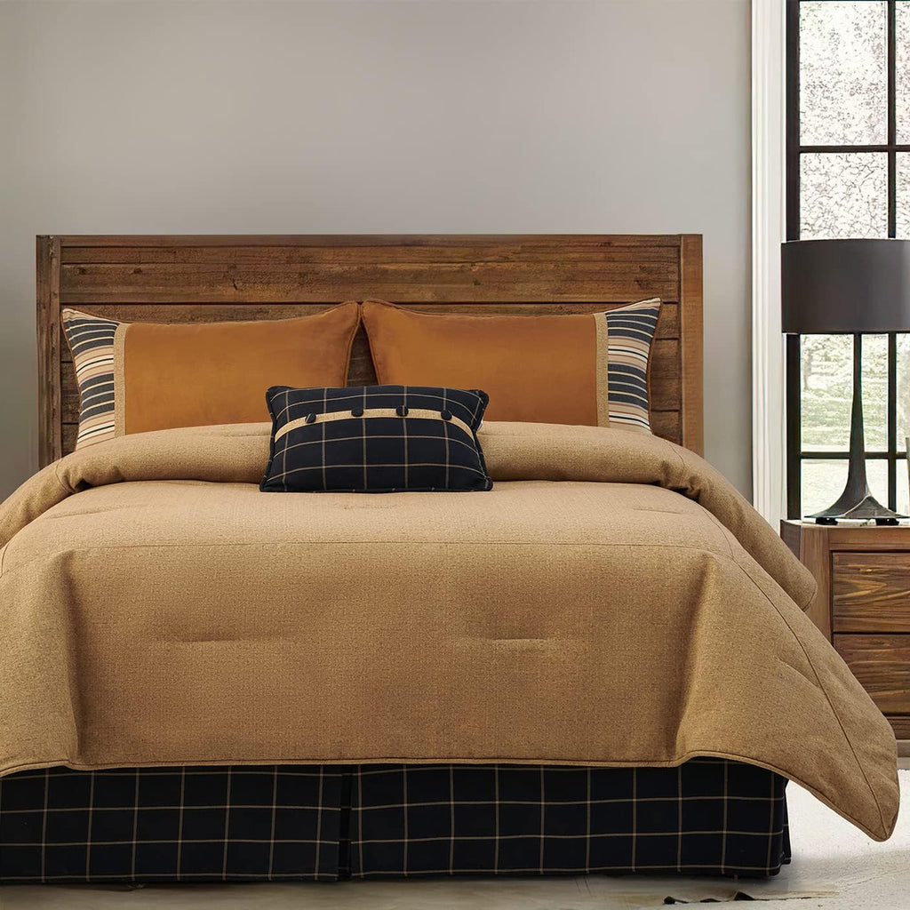 HiEnd Accents Ashbury 5 Piece Comforter Set, Queen Size, Tweed Tan and Black, Rustic Cabin Lodge Luxury Bedding Set, 1 Comforter, 1 Bed Skirt, 2 Pillow Shams, 1 Plaid Accent Pillow