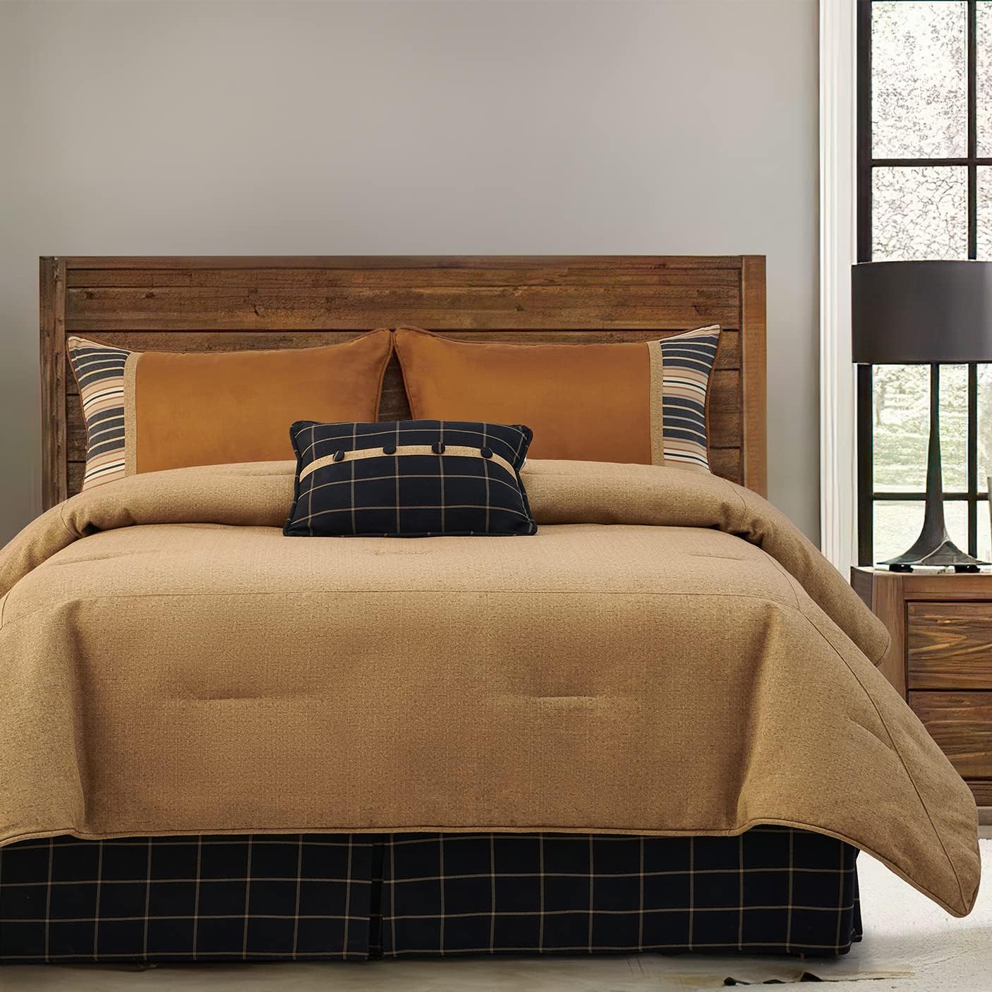 HiEnd Accents Ashbury 5 Piece Comforter Set, Queen Size, Tweed Tan and Black, Rustic Cabin Lodge Luxury Bedding Set, 1 Comforter, 1 Bed Skirt, 2 Pillow Shams, 1 Plaid Accent Pillow
