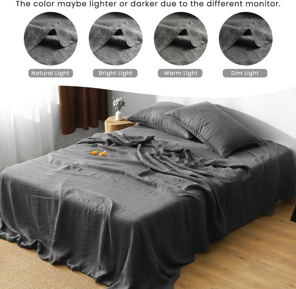 S VICTORY SYMBOL 100% Organic Linen Sheets Set Queen 4Pcs,Stone Washed French Flax Linen Bed Sheets(1 Flat Sheet,1 Fitted Sheet,2 Pillowcase) GOTS Certified,Farmhouse Bedding-Dark Grey