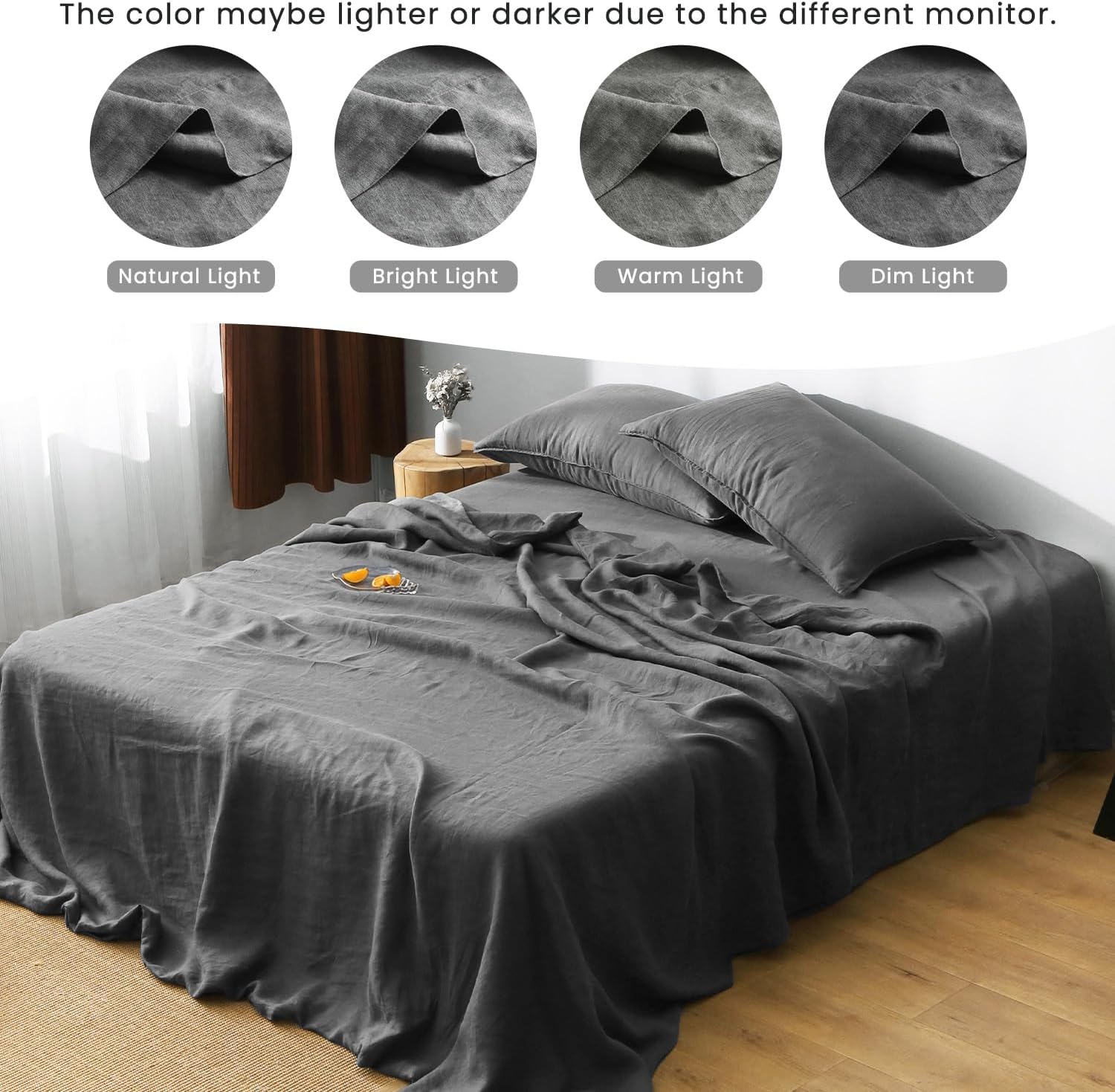 S VICTORY SYMBOL 100% Organic Linen Sheets Set Queen 4Pcs,Stone Washed French Flax Linen Bed Sheets(1 Flat Sheet,1 Fitted Sheet,2 Pillowcase) GOTS Certified,Farmhouse Bedding-Dark Grey
