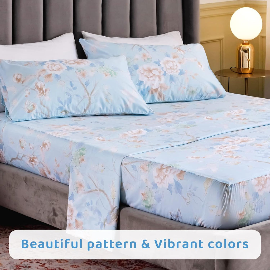 QSH 100% Egyptian Cotton Cal King Sheets, Blue Bird Plant Pattern Botanical Luxury Cotton Printed Flower California King Bedding Sheets, 4pcs Deep Pocket California King Floral Bed Sheet Set