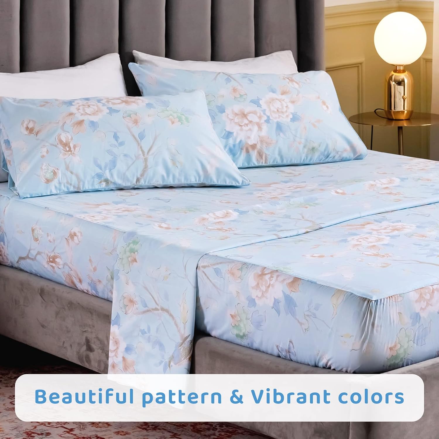 QSH 100% Egyptian Cotton Cal King Sheets, Blue Bird Plant Pattern Botanical Luxury Cotton Printed Flower California King Bedding Sheets, 4pcs Deep Pocket California King Floral Bed Sheet Set