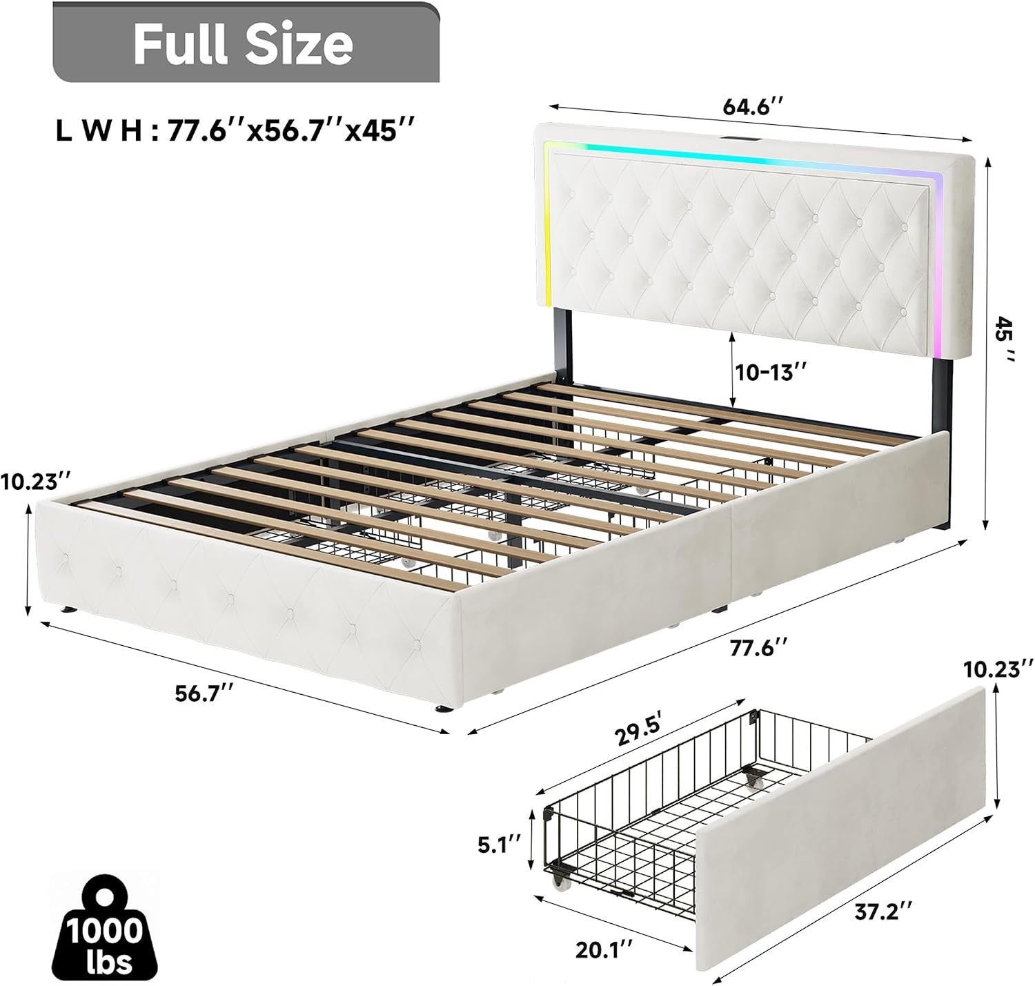 LED Full Bed Frame with 4 Storage Drawers and Adjustable Headboard, Modern Velvet Upholstered Platform Bed Frame Full Size with Charging Station, Wooden Slats Support, No Box Spring Needed, White