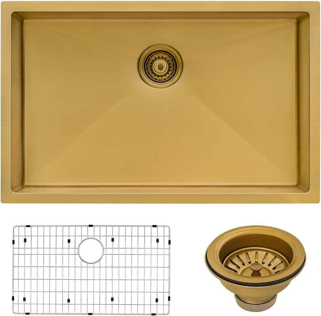 Ruvati 27-inch Undermount Satin Brass Matte Gold Stainless Steel Kitchen Sink 16 Gauge Single Bowl - RVH6127GG