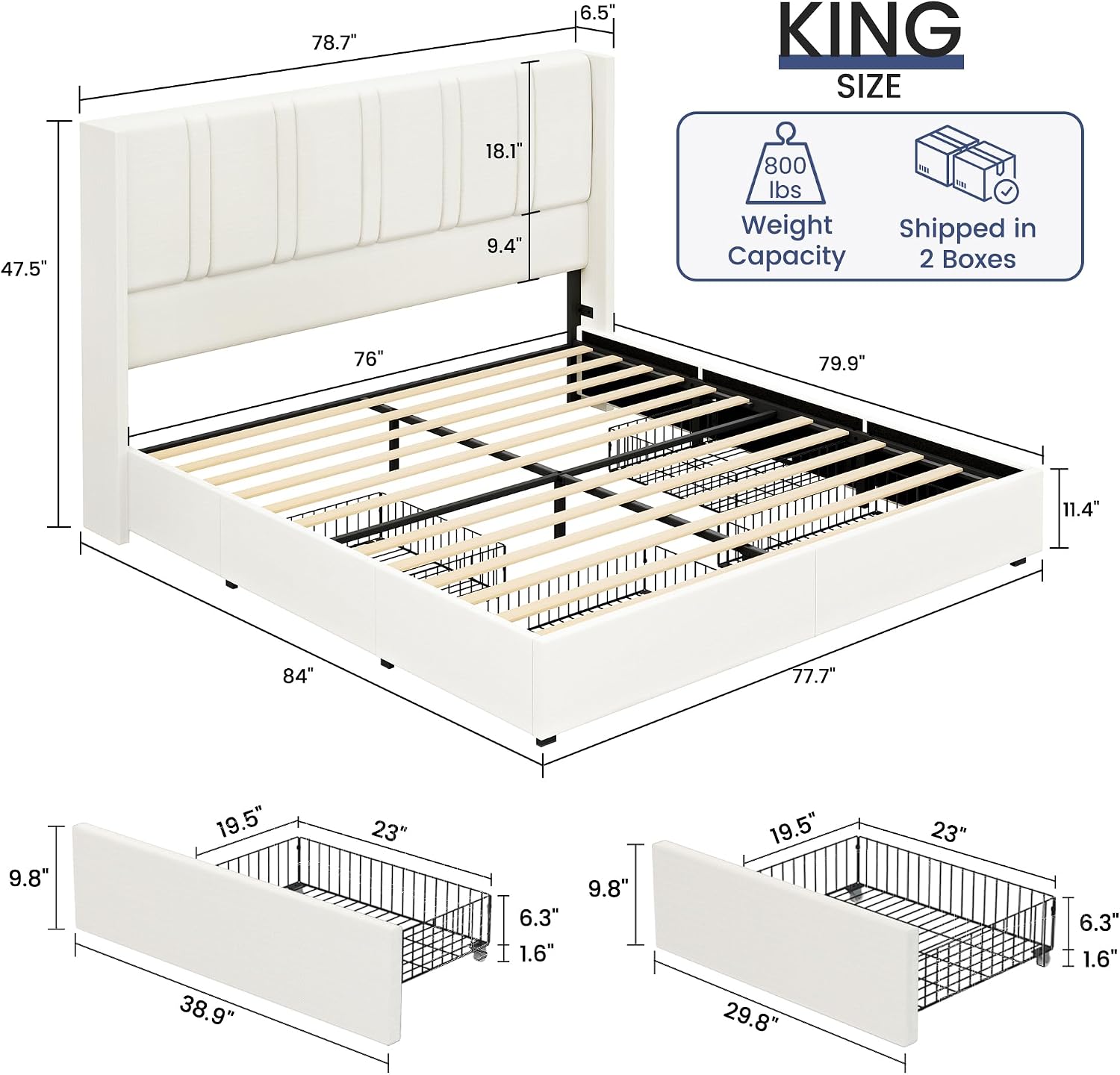 BRELTAM King Size Bed Frame with 4 Storage Drawers Linen Upholstered Platform Bed with Wingback Headboard, No Box Spring Needed, Easy Assembly, White