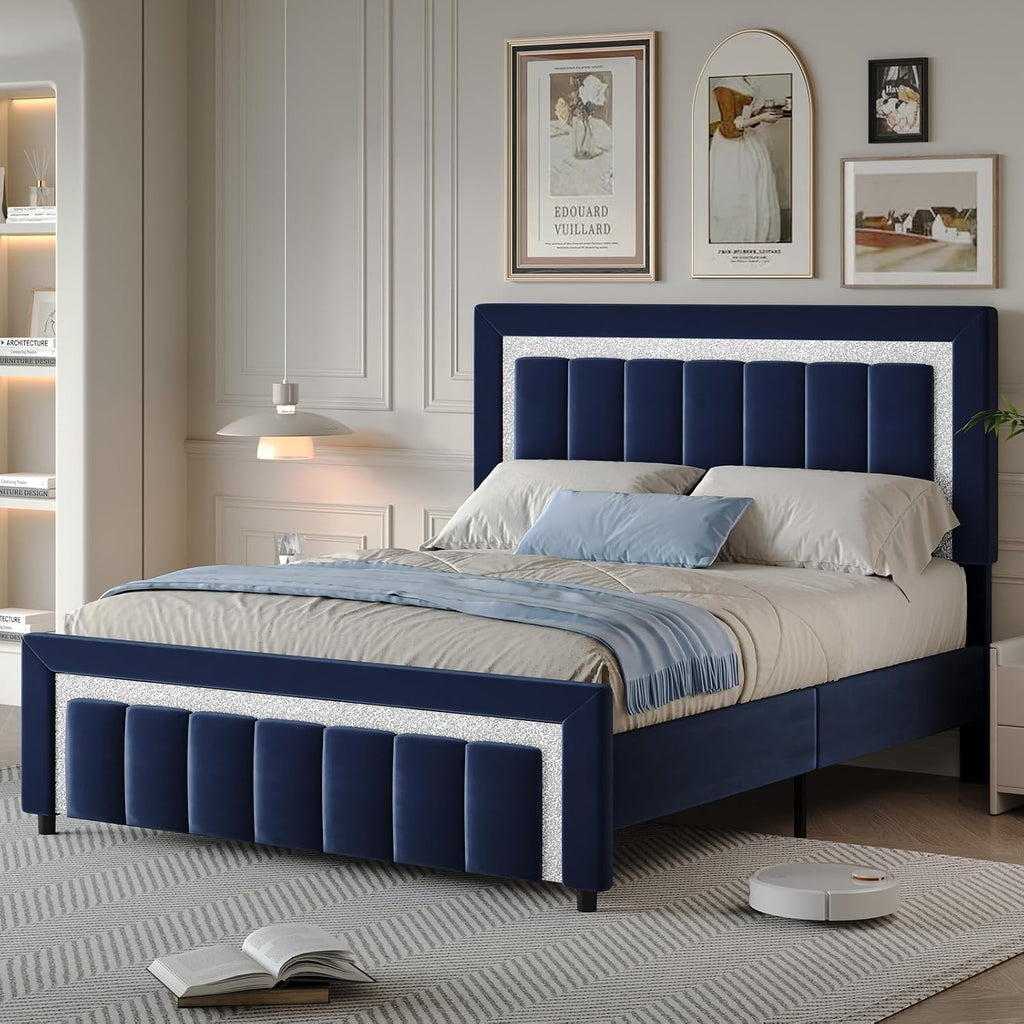 HOMBCK Queen Bed Frame with Headboard and Footboard and Footboard, Velvet Upholstered Platform Bed Frame with Diamond Design, No Box Spring Needed, Easy Assembly, Blue