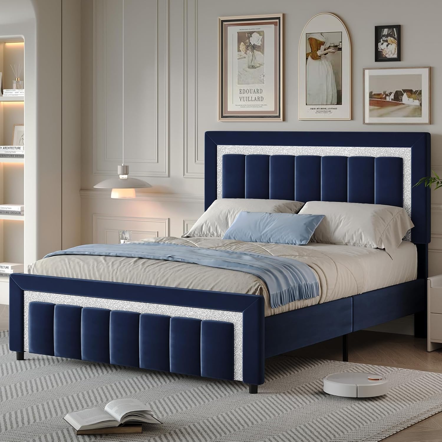 HOMBCK Queen Bed Frame with Headboard and Footboard and Footboard, Velvet Upholstered Platform Bed Frame with Diamond Design, No Box Spring Needed, Easy Assembly, Blue