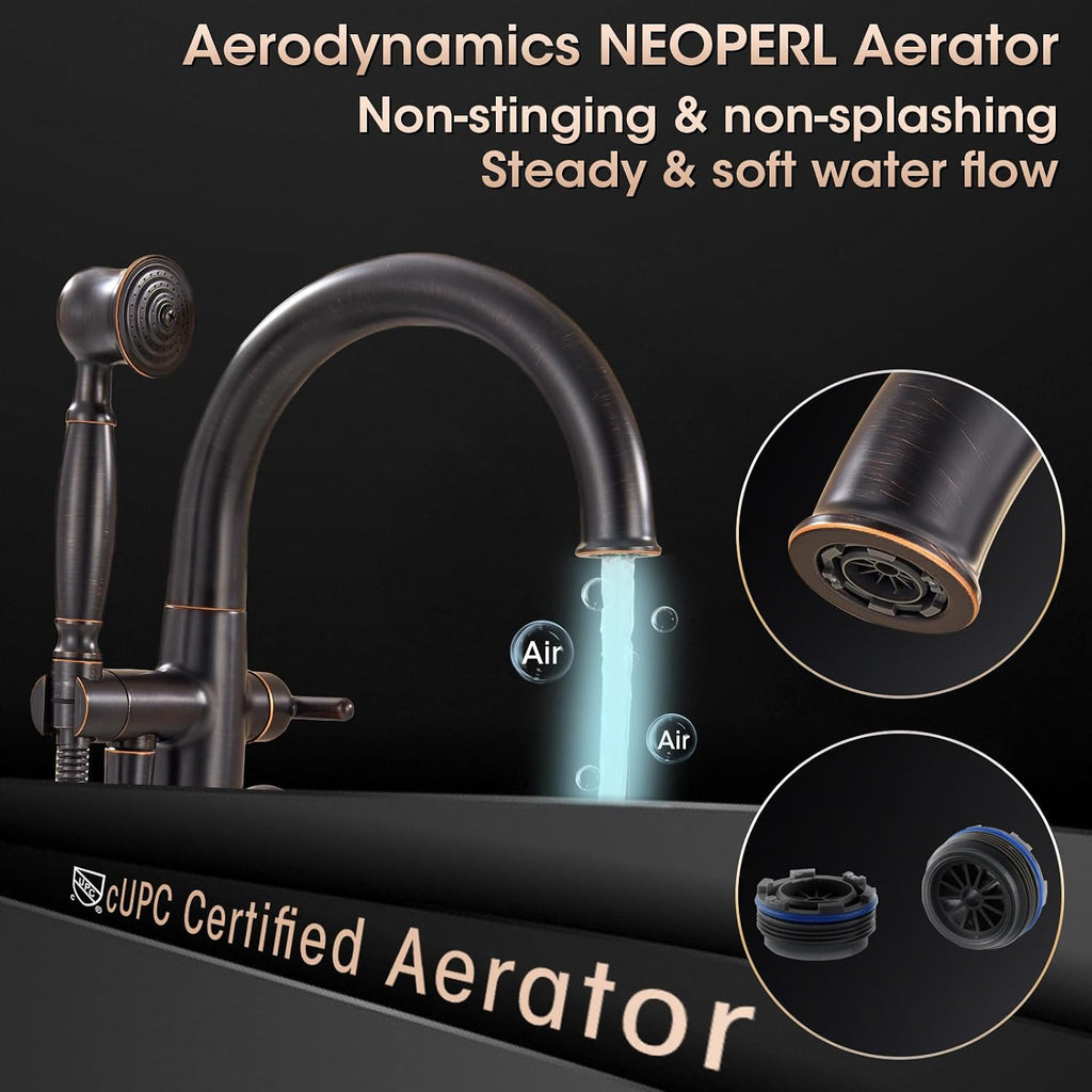 Freestanding Tub Faucets Bathroom Floor Mounted Waterfall Tub Filler Brass High Flow Swivel Spout&Hand Shower Oil Rubbed Bronze