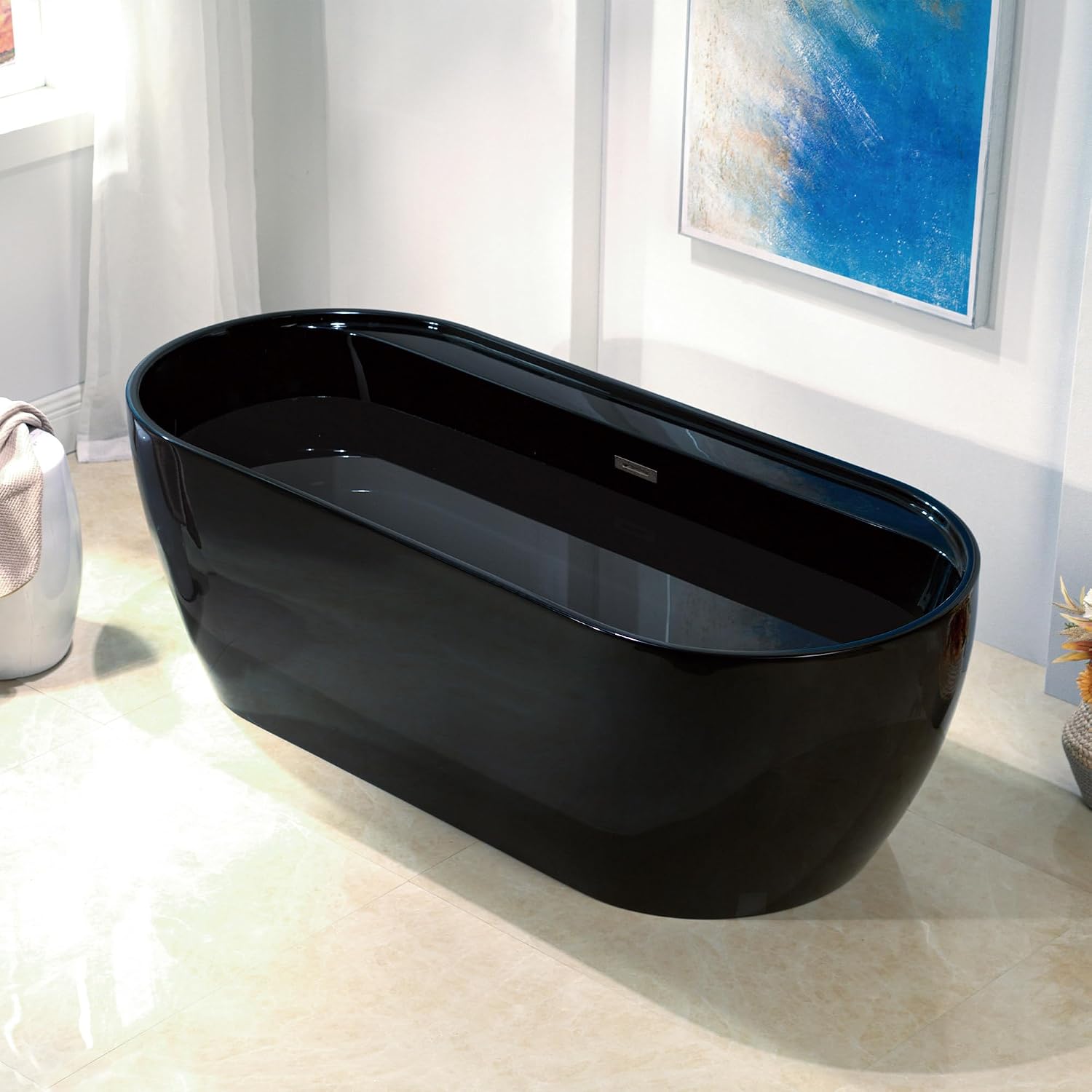 WOODBRIDGE 72' L x 35-3/8' W Freestanding Contemporary Acrylic Soaking Bathtub in Glossy Black Inside and Outside with Brushed Nickel Drain & Overflow,B8859-BN