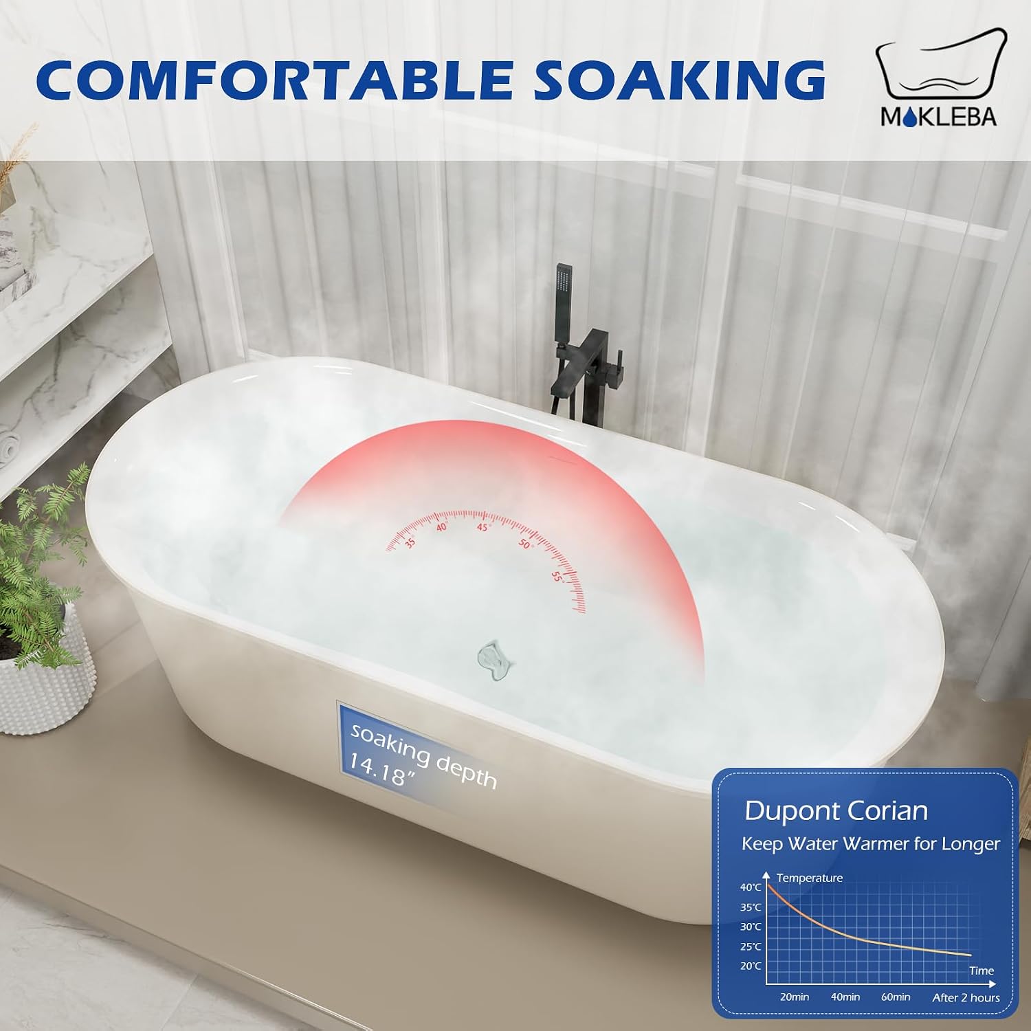 59' Solid Surface Resin Freestanding Bathtub, Double Ended Shape, Modern Deep Stone Resin Soaking Bathtub with Integrated Slotted Overflow, Toe-Tap Chrome Drain, cUPC Certified, Khaki