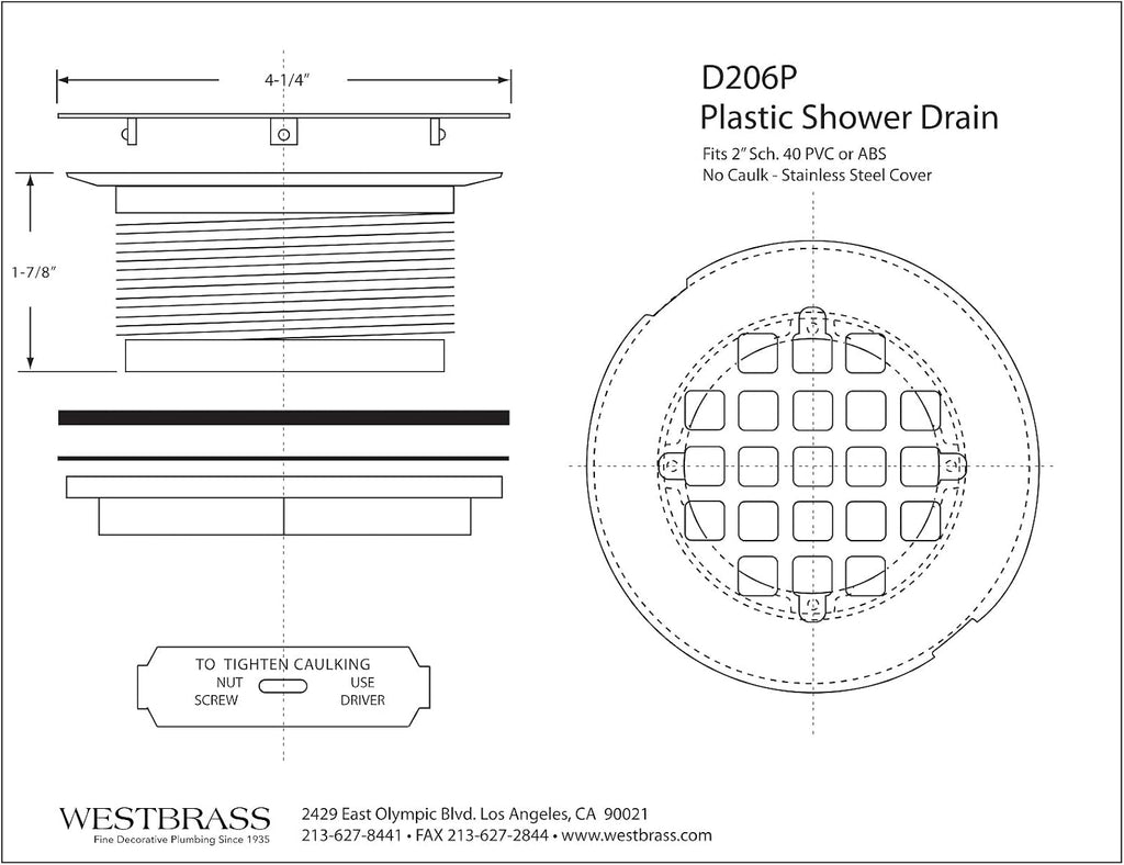 Westbrass D206P-50-62 2' No-Caulk PVC Compression Shower Drain with 4-1/4' Round Grid Cover, Matte Black (50-Pack)