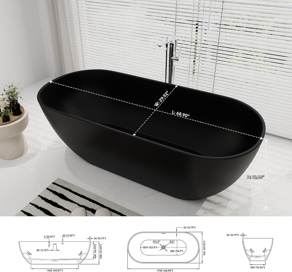 SJ STAR&JANE 69' Solid Surface Freestanding Bathtub Oval Stone Resin Soaking Tub Modern Stand Alone Tub with Overflow & Pop-up Drain, Matte Black for Bathrooms